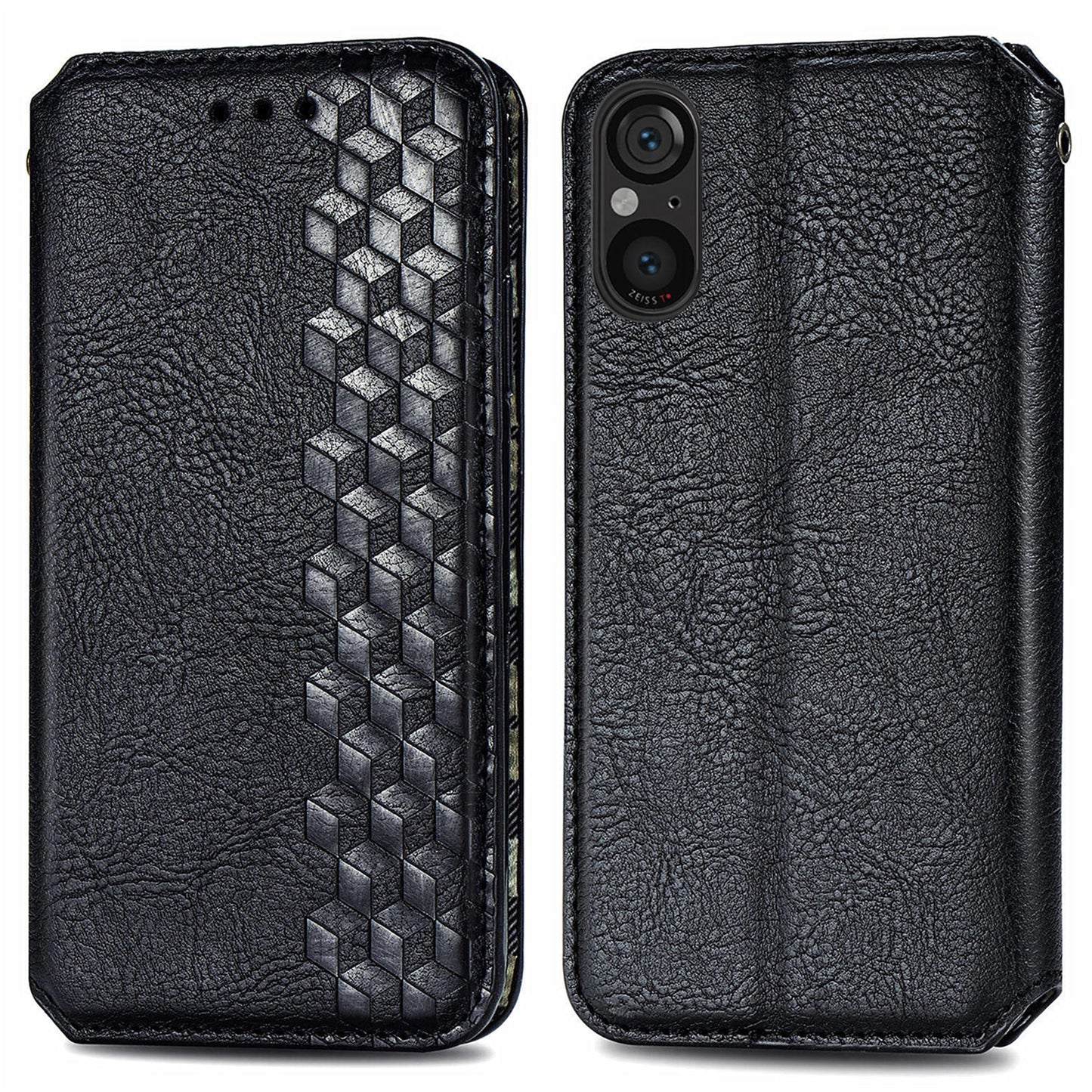 For Sony Xperia 5 V Case Wallet Card Slots Rhombus Leather Phone Cover - Black