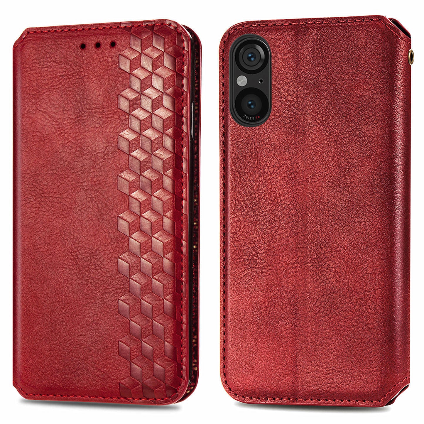 For Sony Xperia 5 V Case Wallet Card Slots Rhombus Leather Phone Cover - Red