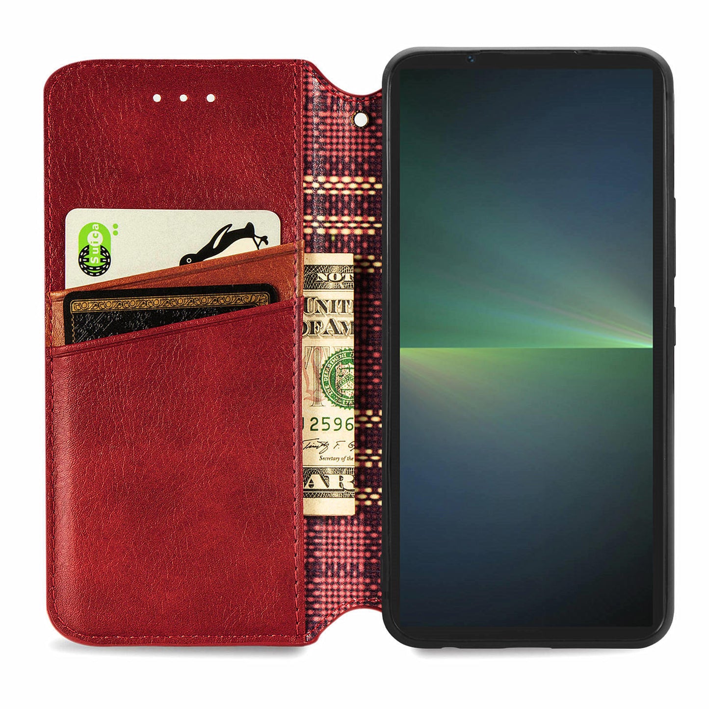 For Sony Xperia 5 V Case Wallet Card Slots Rhombus Leather Phone Cover - Red
