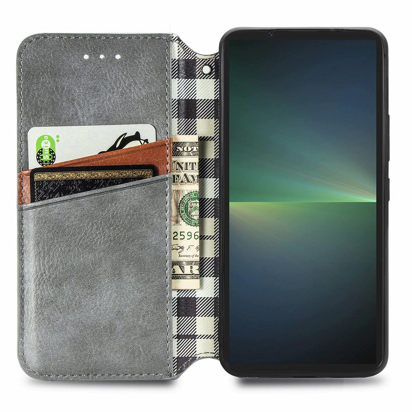 For Sony Xperia 5 V Case Wallet Card Slots Rhombus Leather Phone Cover - Grey