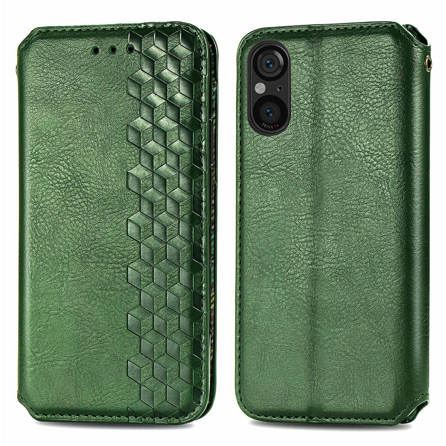 For Sony Xperia 5 V Case Wallet Card Slots Rhombus Leather Phone Cover - Green