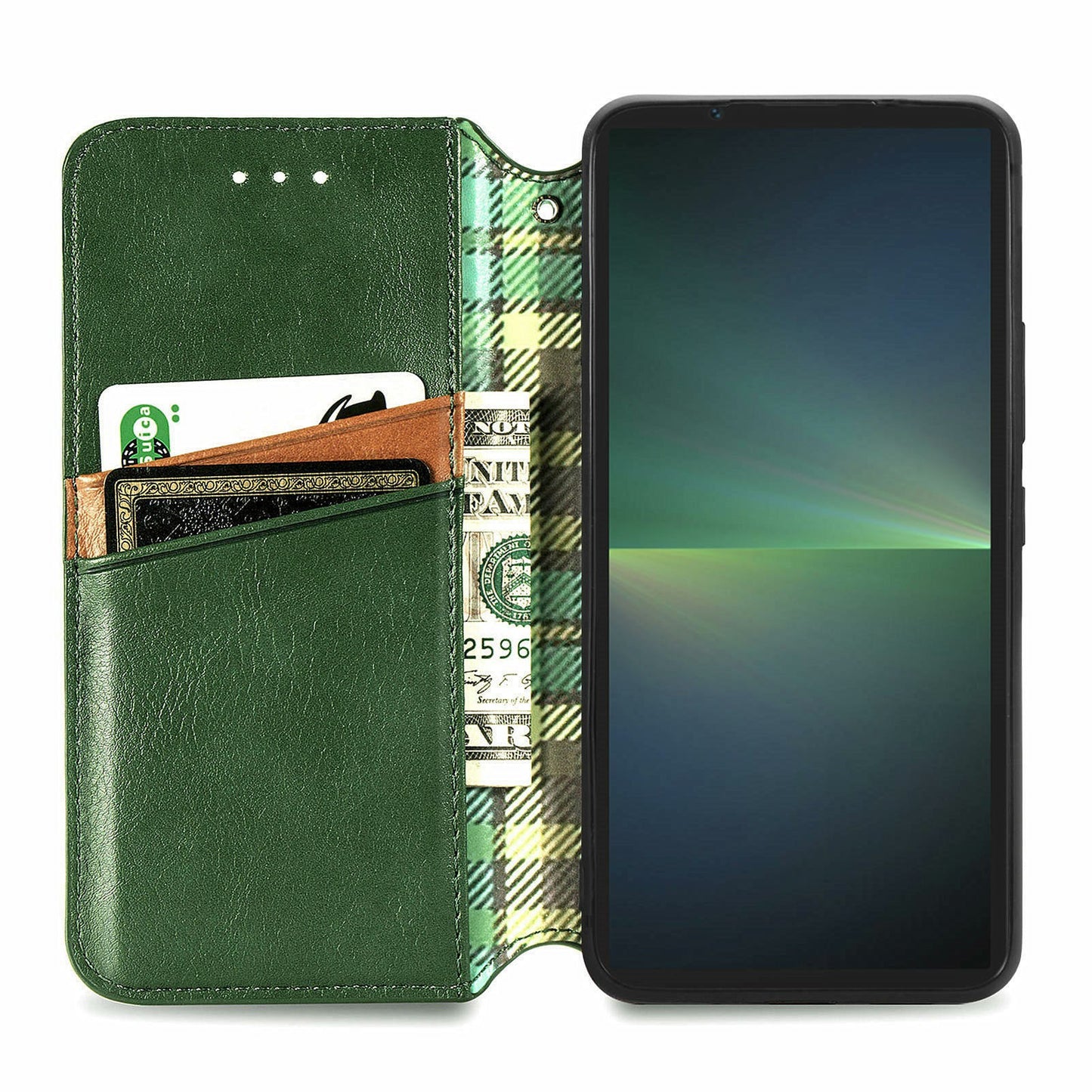 For Sony Xperia 5 V Case Wallet Card Slots Rhombus Leather Phone Cover - Green