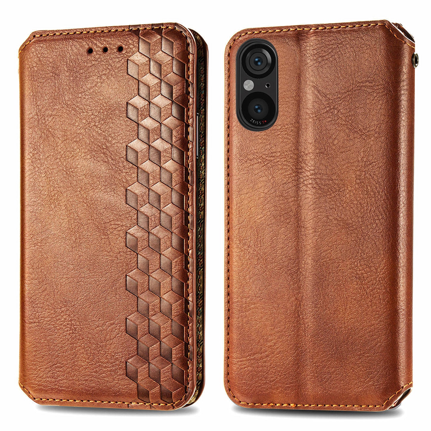 For Sony Xperia 5 V Case Wallet Card Slots Rhombus Leather Phone Cover - Brown