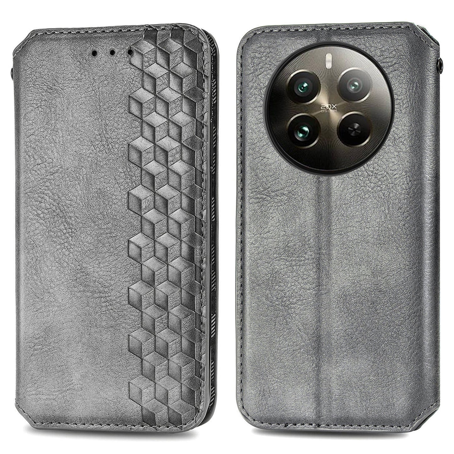 For Realme 12+ 5G Case Stand Wallet Rhombus Leather Phone Cover Magnetic Closing - Grey