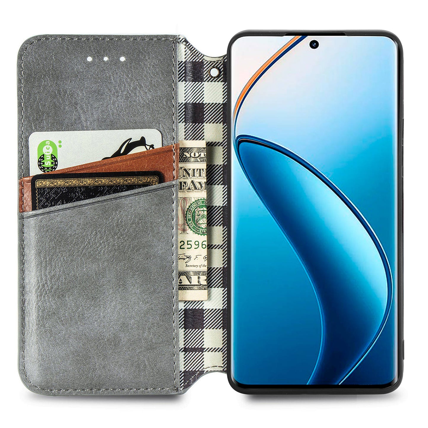 For Realme 12+ 5G Case Stand Wallet Rhombus Leather Phone Cover Magnetic Closing - Grey