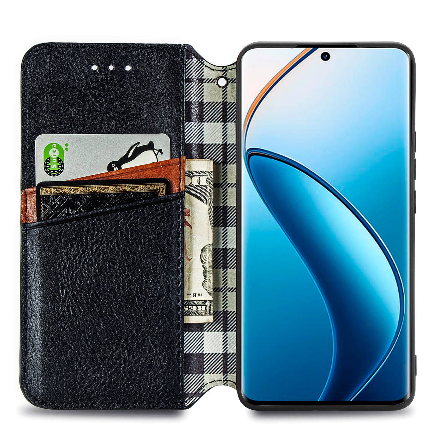 For Realme 12+ 5G Case Stand Wallet Rhombus Leather Phone Cover Magnetic Closing - Black