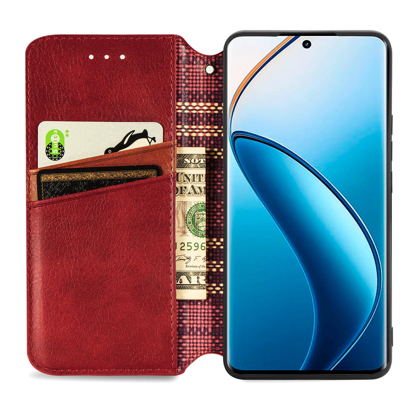 For Realme 12+ 5G Case Stand Wallet Rhombus Leather Phone Cover Magnetic Closing - Red