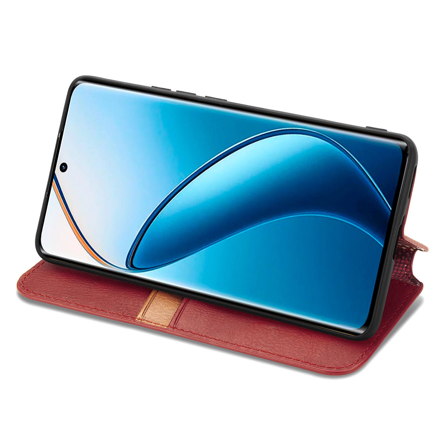 For Realme 12+ 5G Case Stand Wallet Rhombus Leather Phone Cover Magnetic Closing - Red