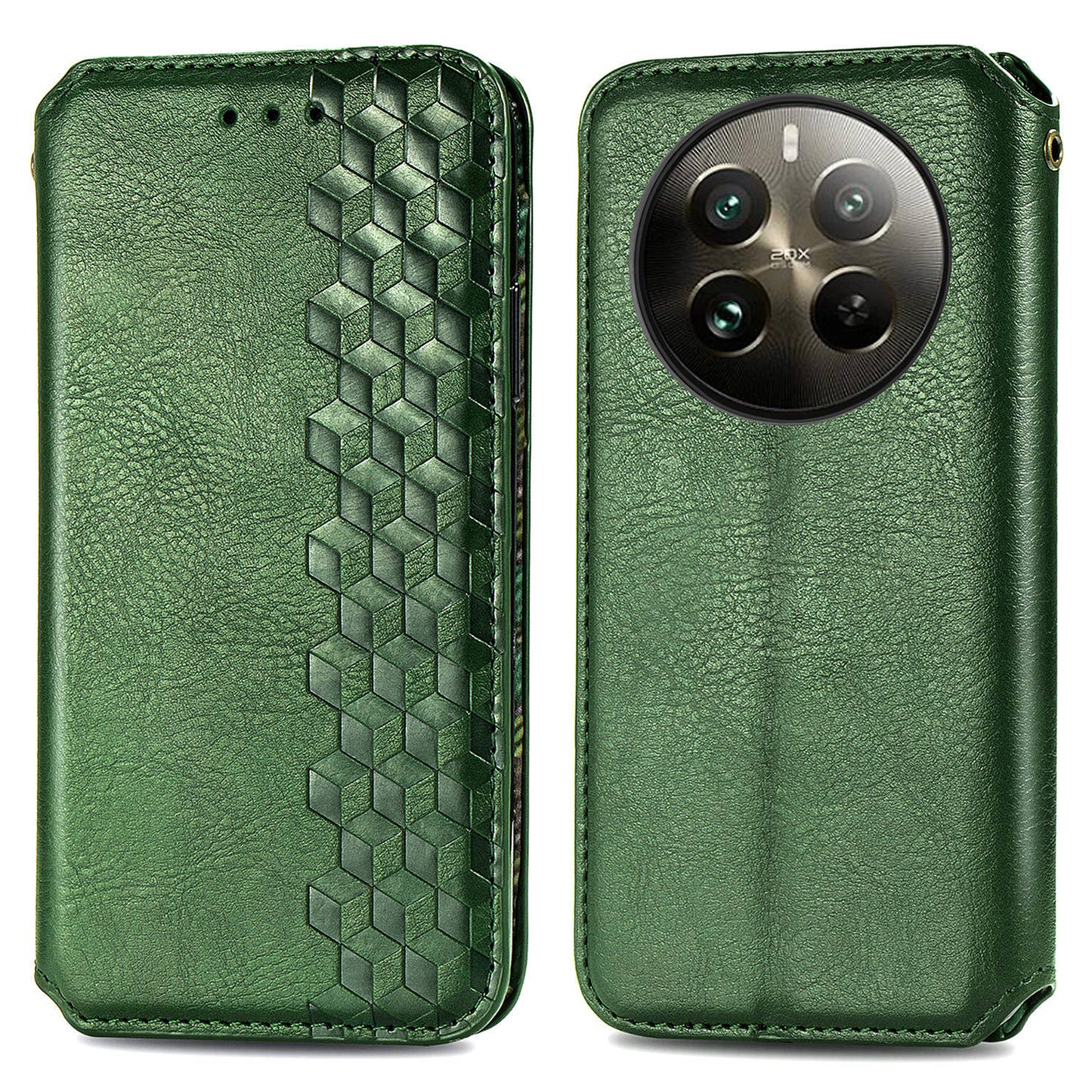 For Realme 12+ 5G Case Stand Wallet Rhombus Leather Phone Cover Magnetic Closing - Green