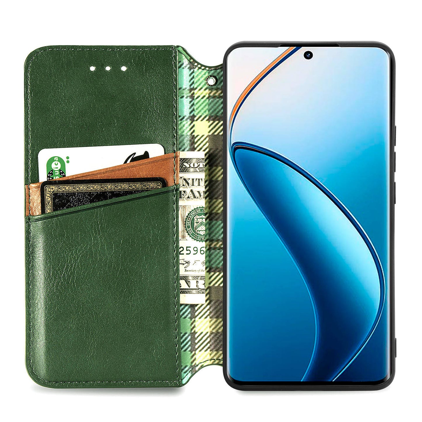 For Realme 12+ 5G Case Stand Wallet Rhombus Leather Phone Cover Magnetic Closing - Green