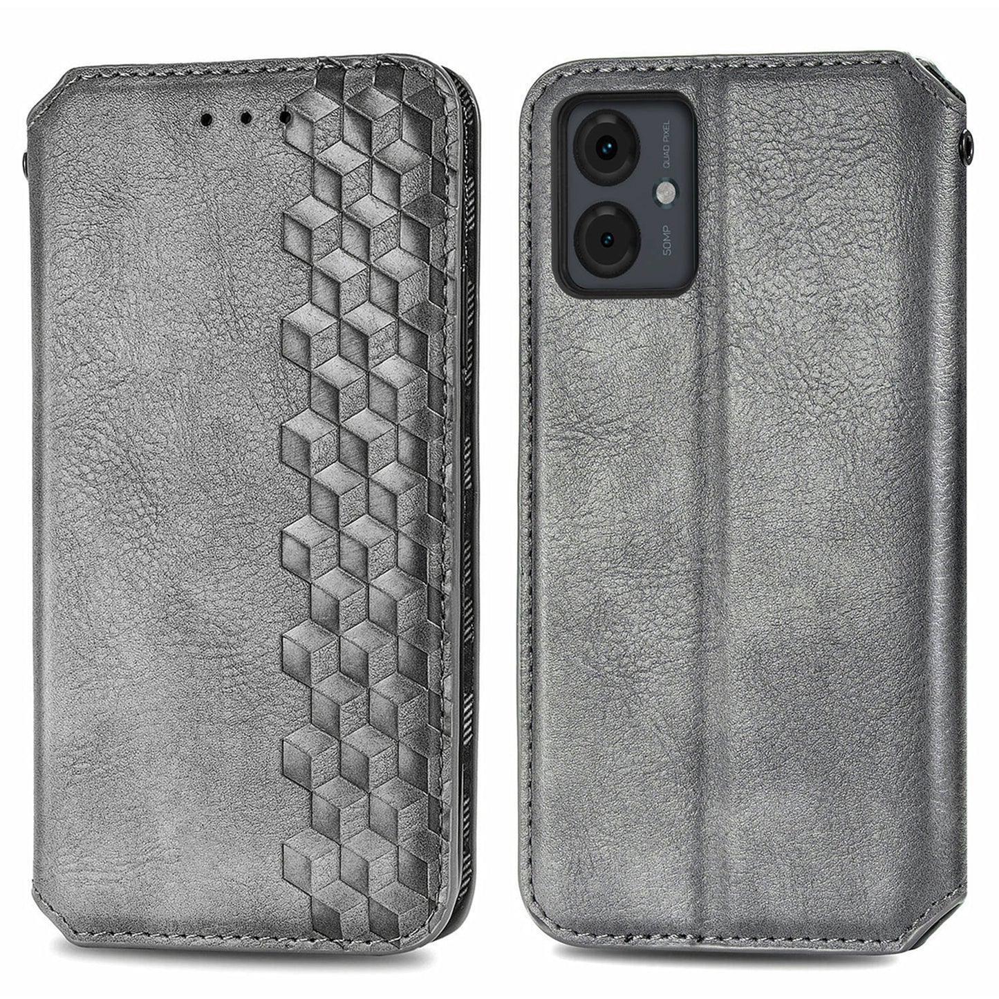For Motorola Moto G14 4G Case Rhombus Leather Phone Cover with Wallet Card Slots - Grey
