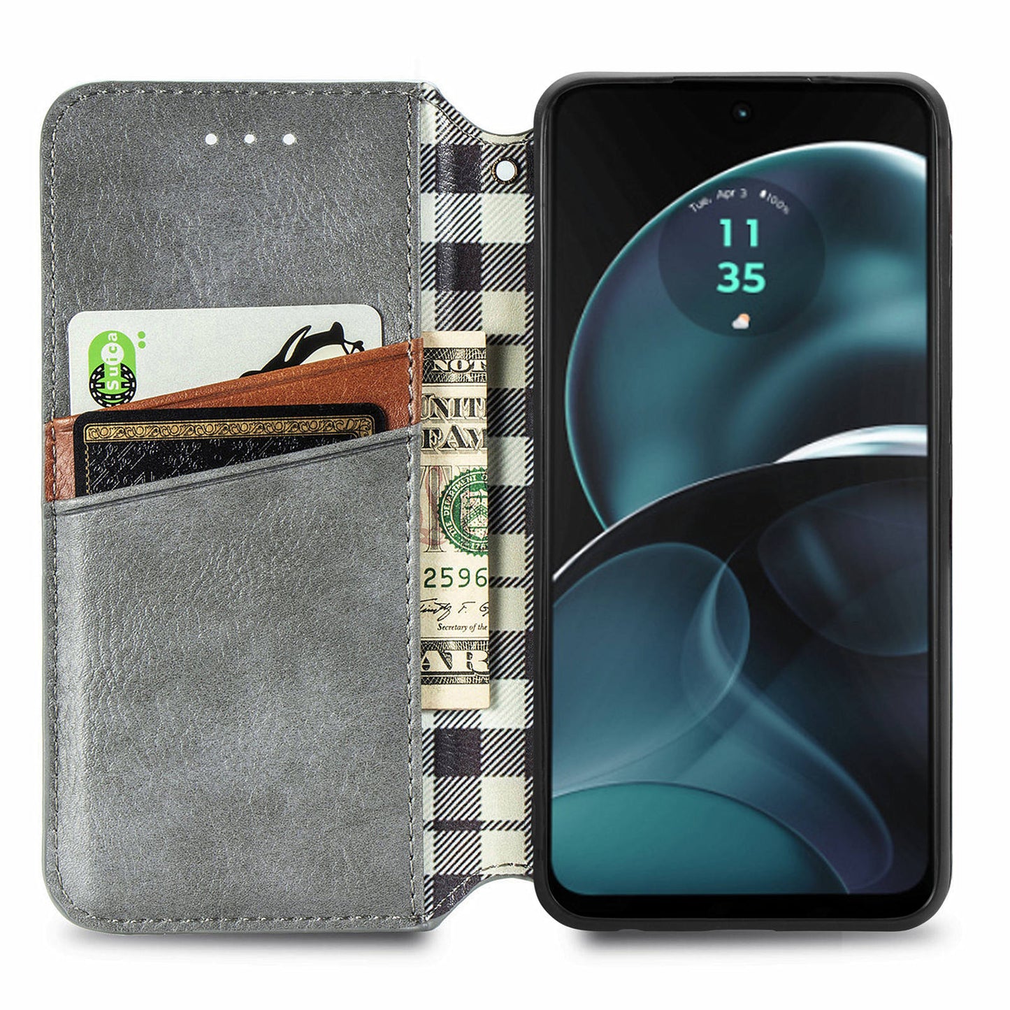 For Motorola Moto G14 4G Case Rhombus Leather Phone Cover with Wallet Card Slots - Grey