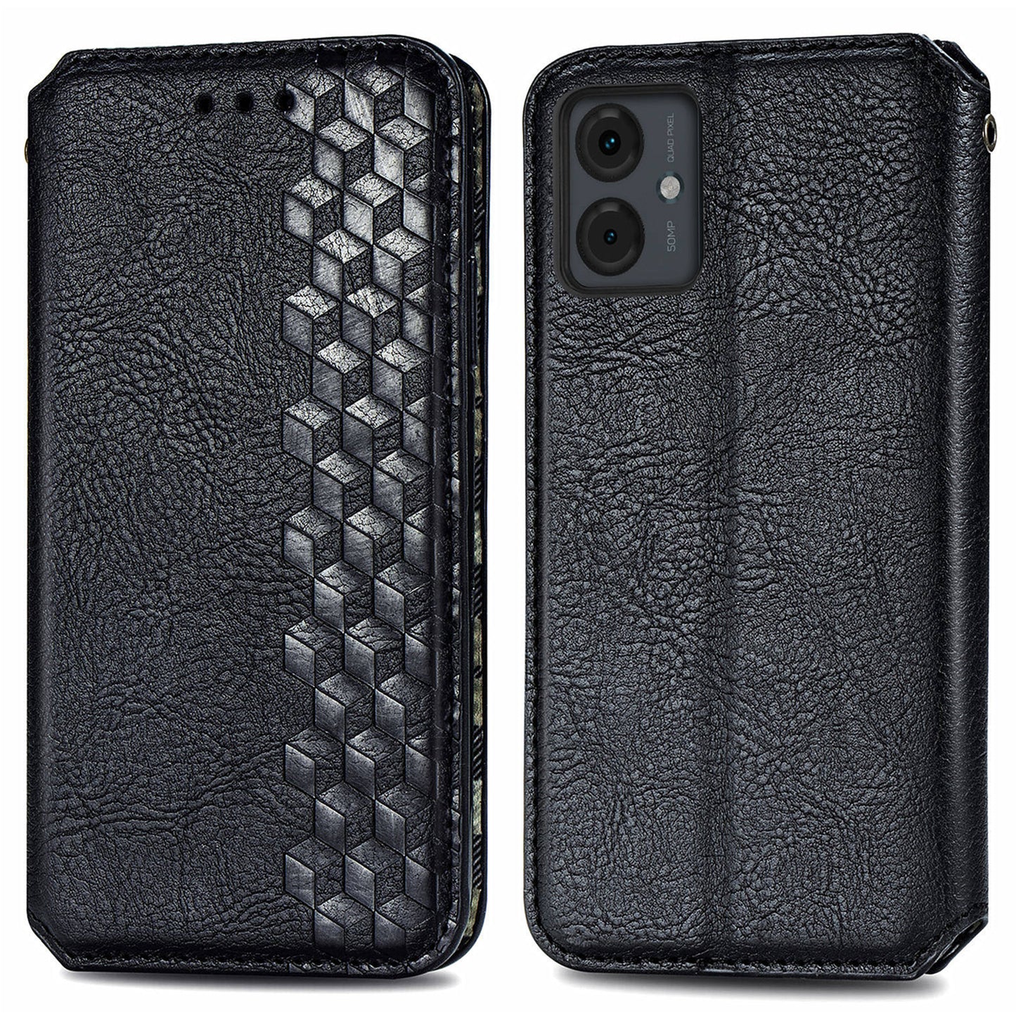 For Motorola Moto G14 4G Case Rhombus Leather Phone Cover with Wallet Card Slots - Black