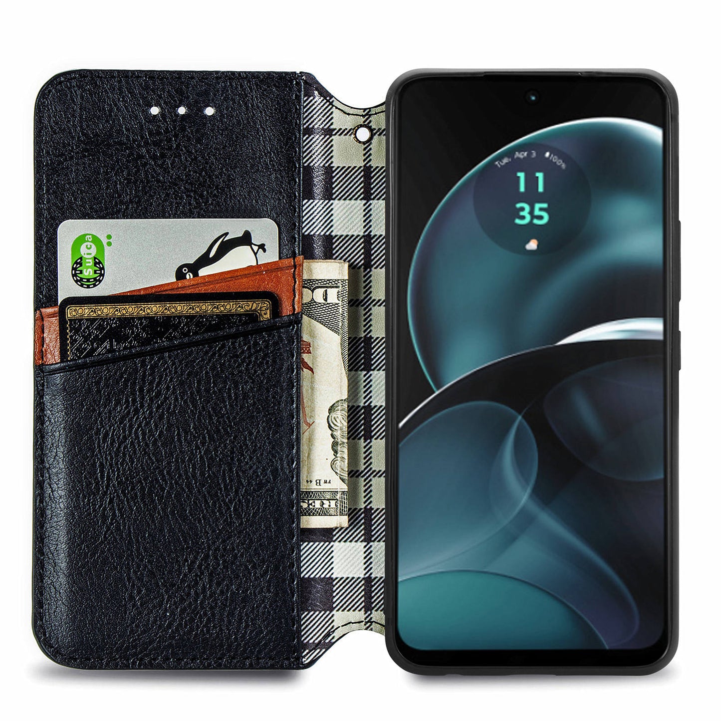 For Motorola Moto G14 4G Case Rhombus Leather Phone Cover with Wallet Card Slots - Black