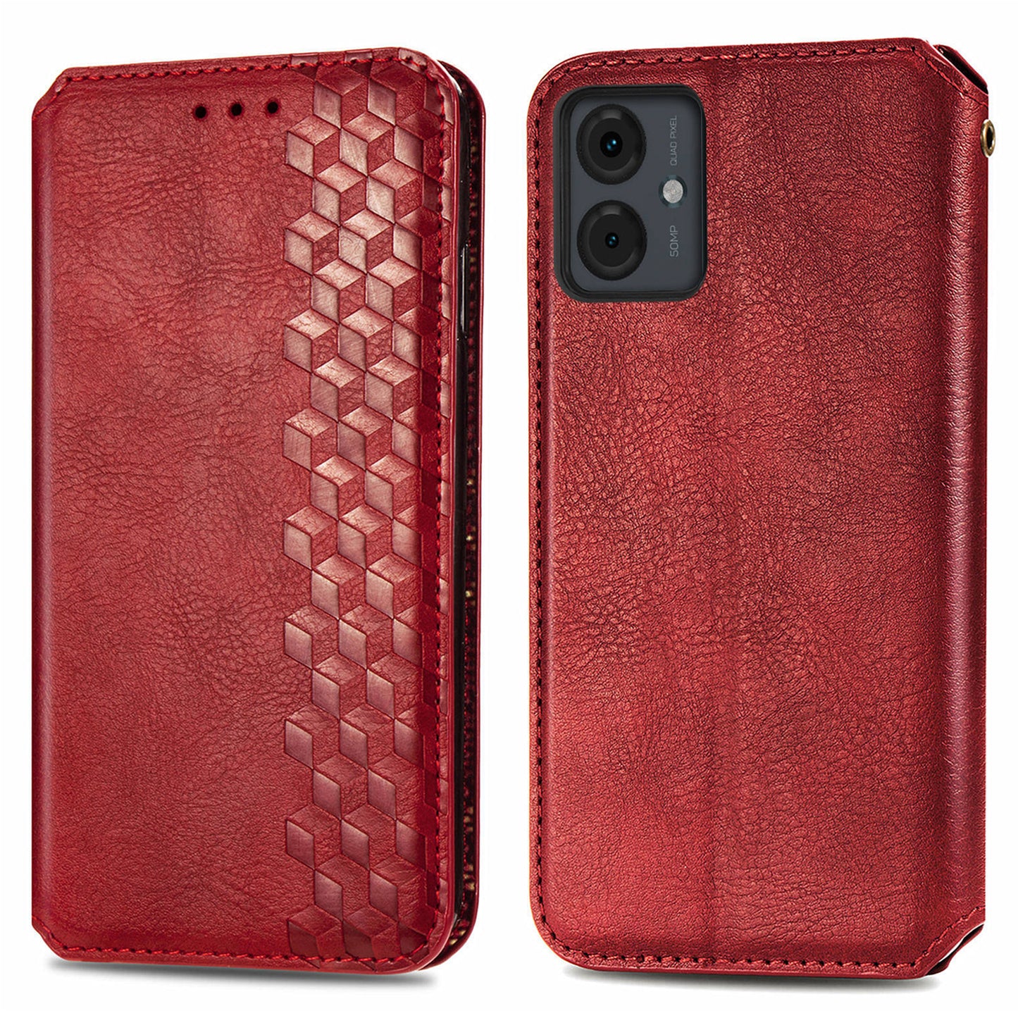 For Motorola Moto G14 4G Case Rhombus Leather Phone Cover with Wallet Card Slots - Red