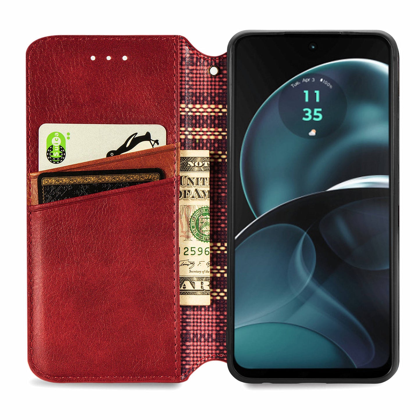 For Motorola Moto G14 4G Case Rhombus Leather Phone Cover with Wallet Card Slots - Red