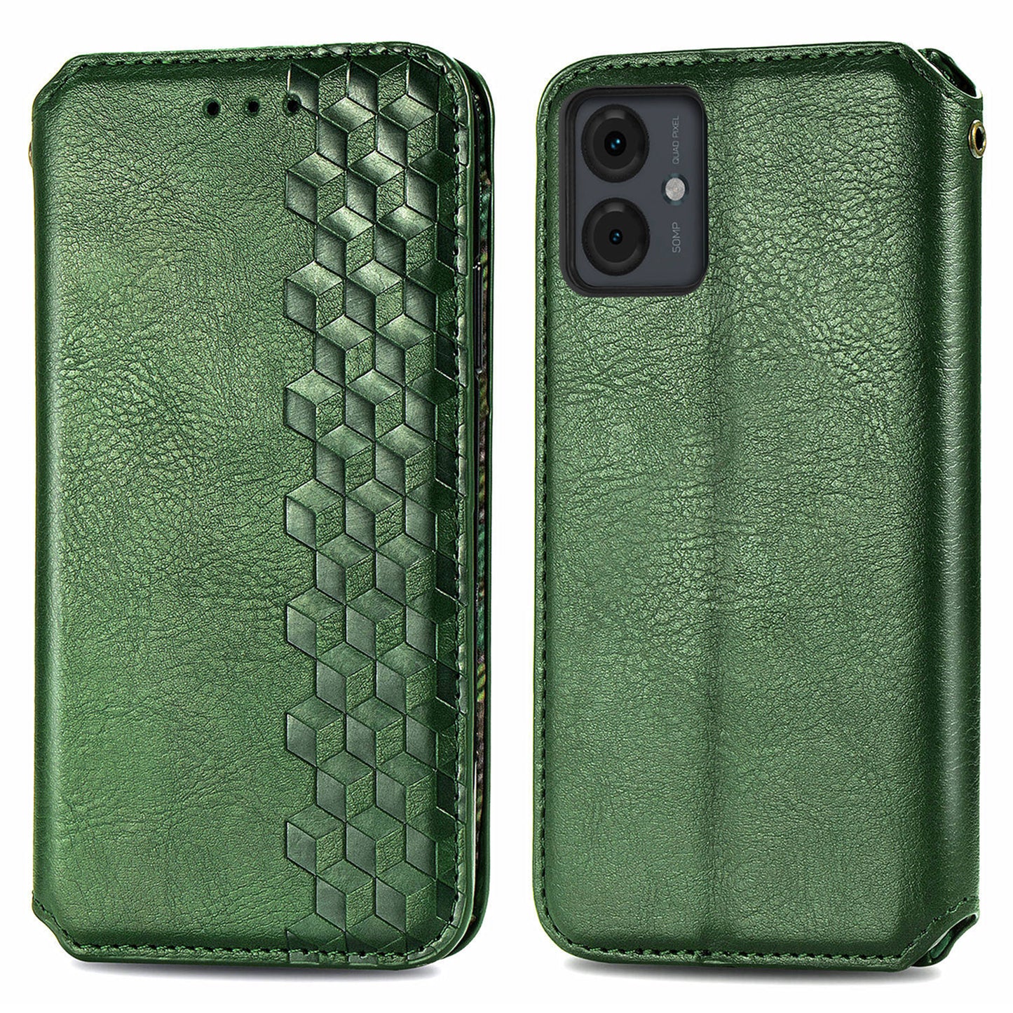For Motorola Moto G14 4G Case Rhombus Leather Phone Cover with Wallet Card Slots - Green