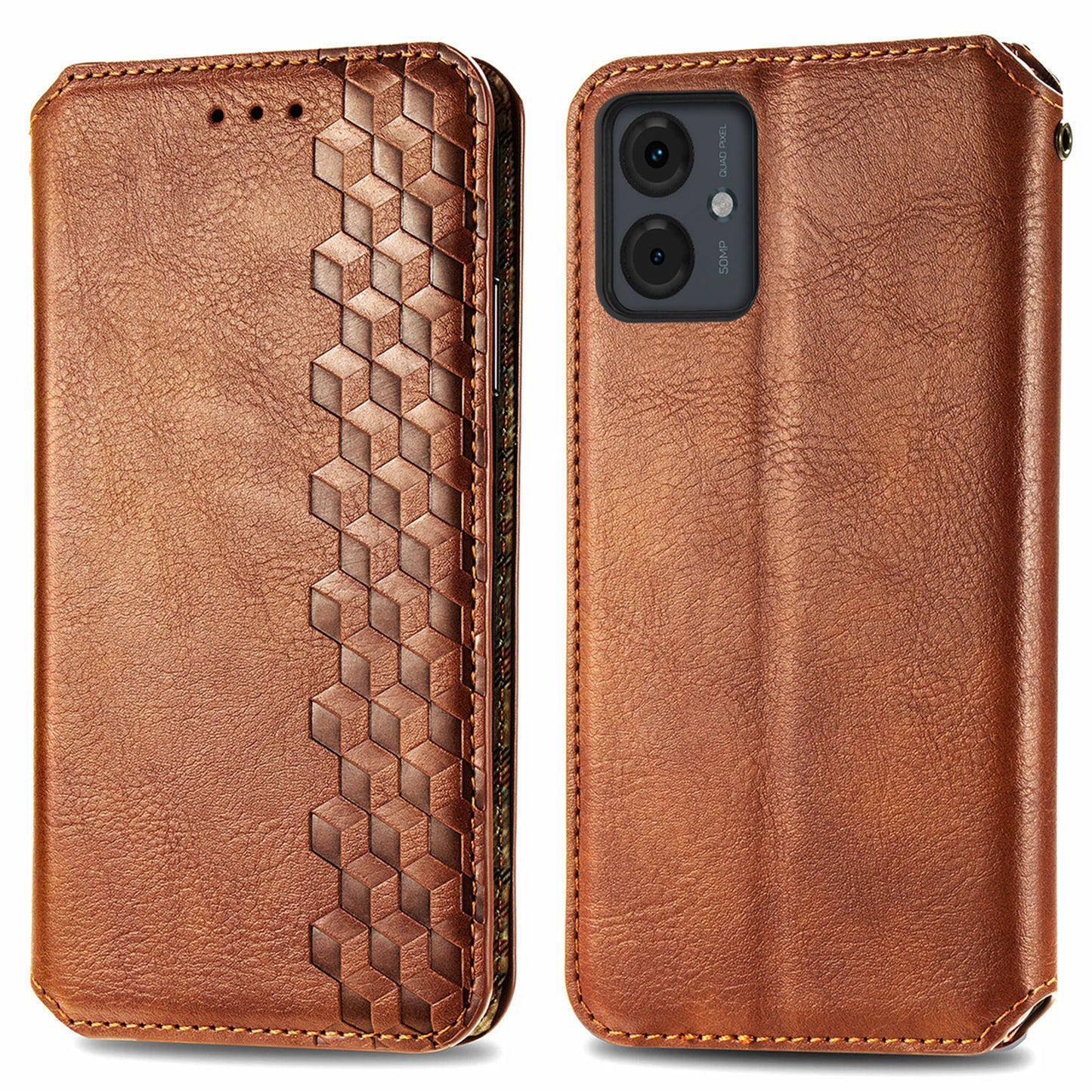 For Motorola Moto G14 4G Case Rhombus Leather Phone Cover with Wallet Card Slots - Brown