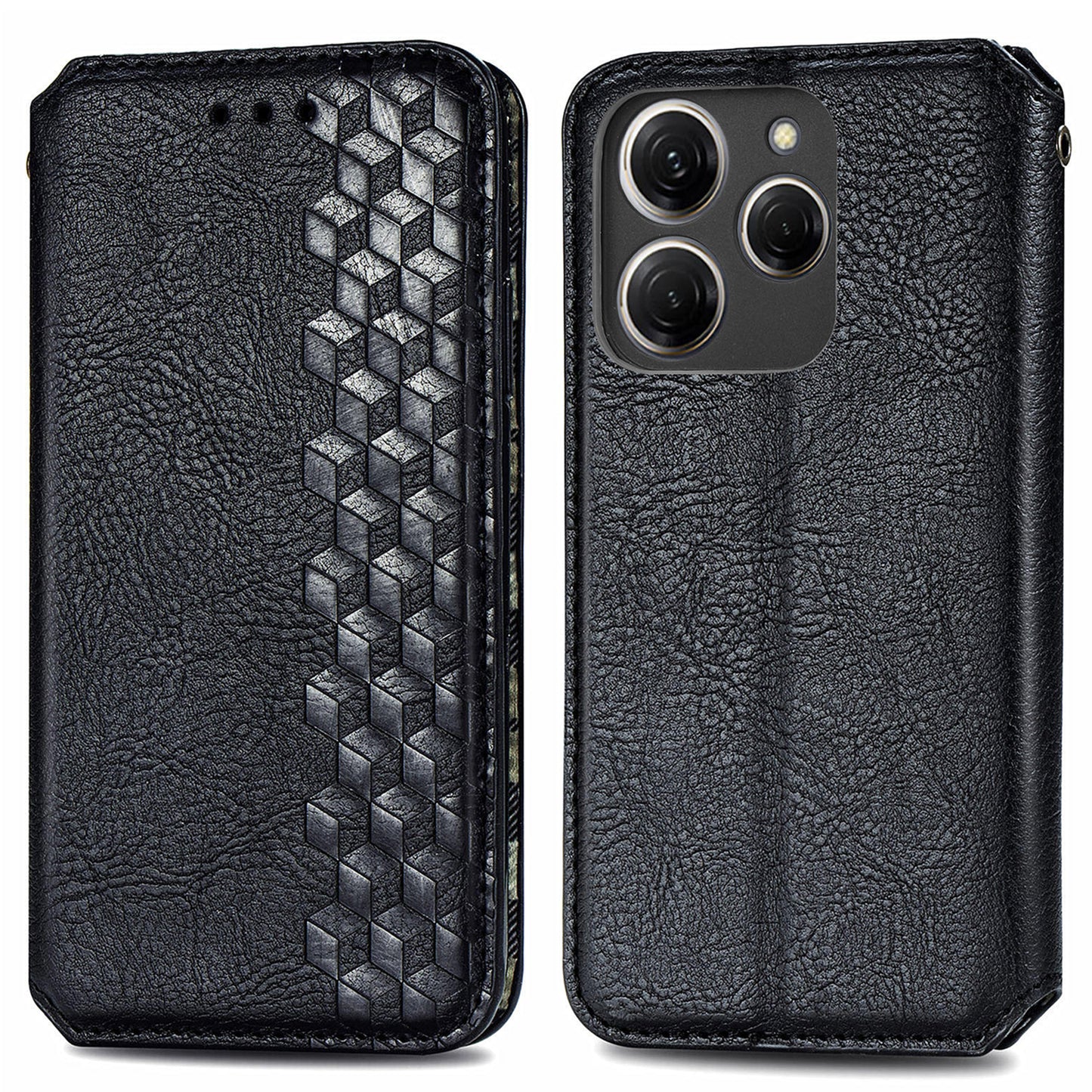 For Transsion Tecno Spark 20 Pro Case Wallet Leather Phone Cover Rhombus Imprinted - Black