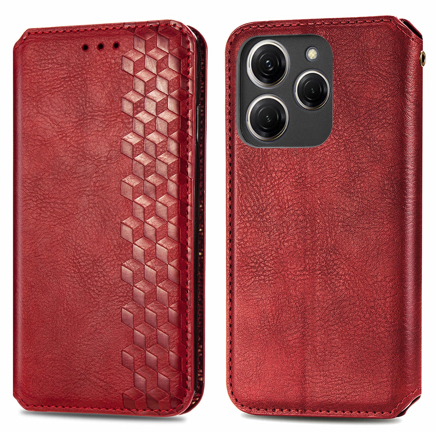 For Transsion Tecno Spark 20 Pro Case Wallet Leather Phone Cover Rhombus Imprinted - Red
