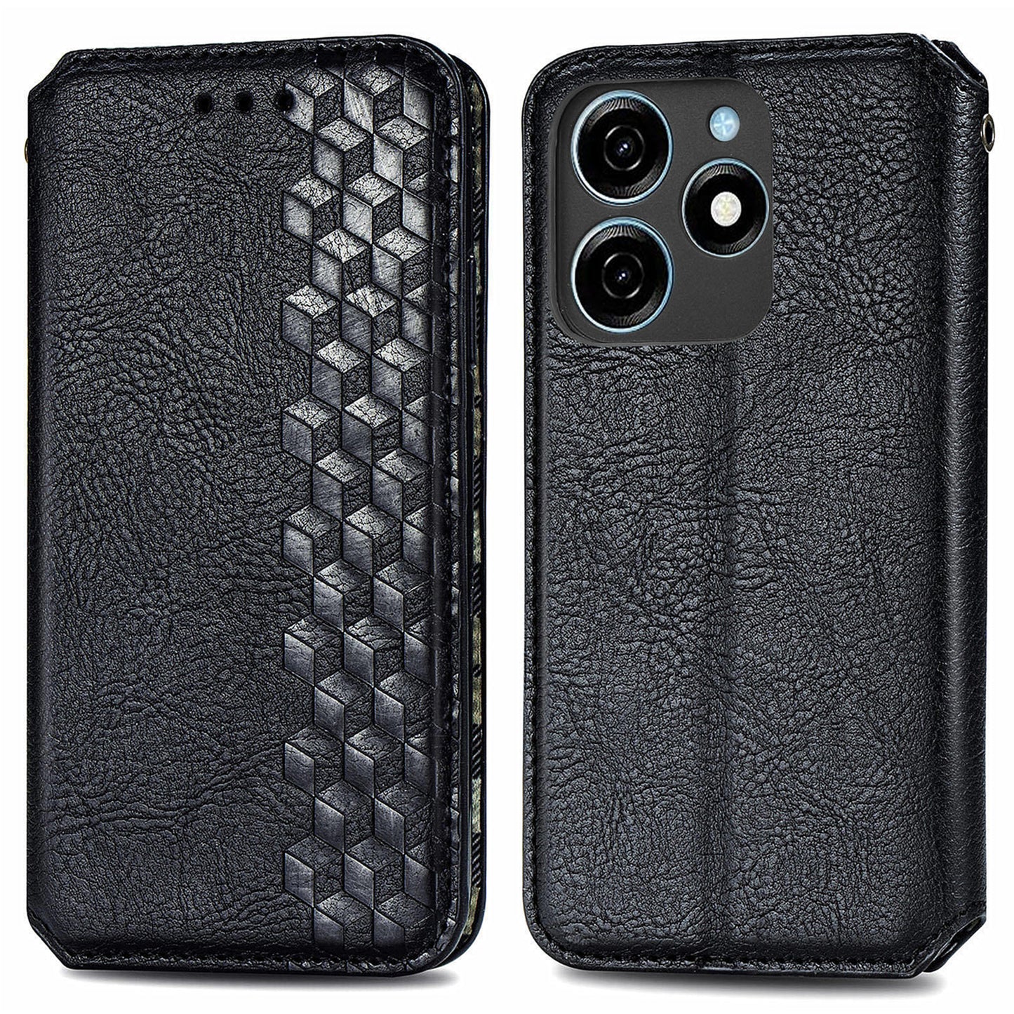 For Transsion Tecno Spark 20C Leather Case Imprinted Rhombus Wallet Phone Cover - Black
