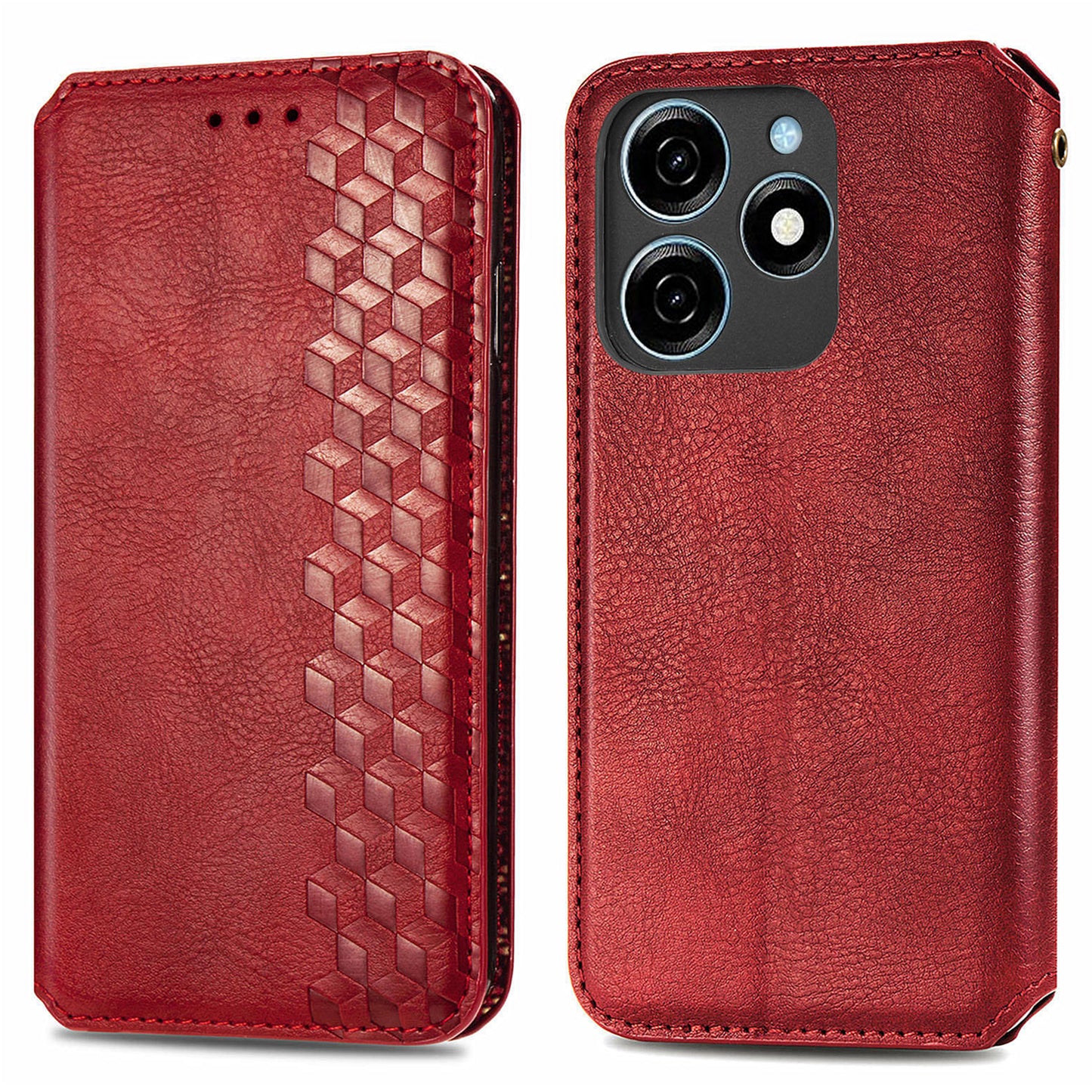 For Transsion Tecno Spark 20C Leather Case Imprinted Rhombus Wallet Phone Cover - Red