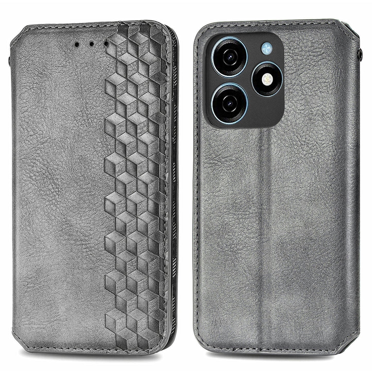 For Transsion Tecno Spark 20C Leather Case Imprinted Rhombus Wallet Phone Cover - Grey