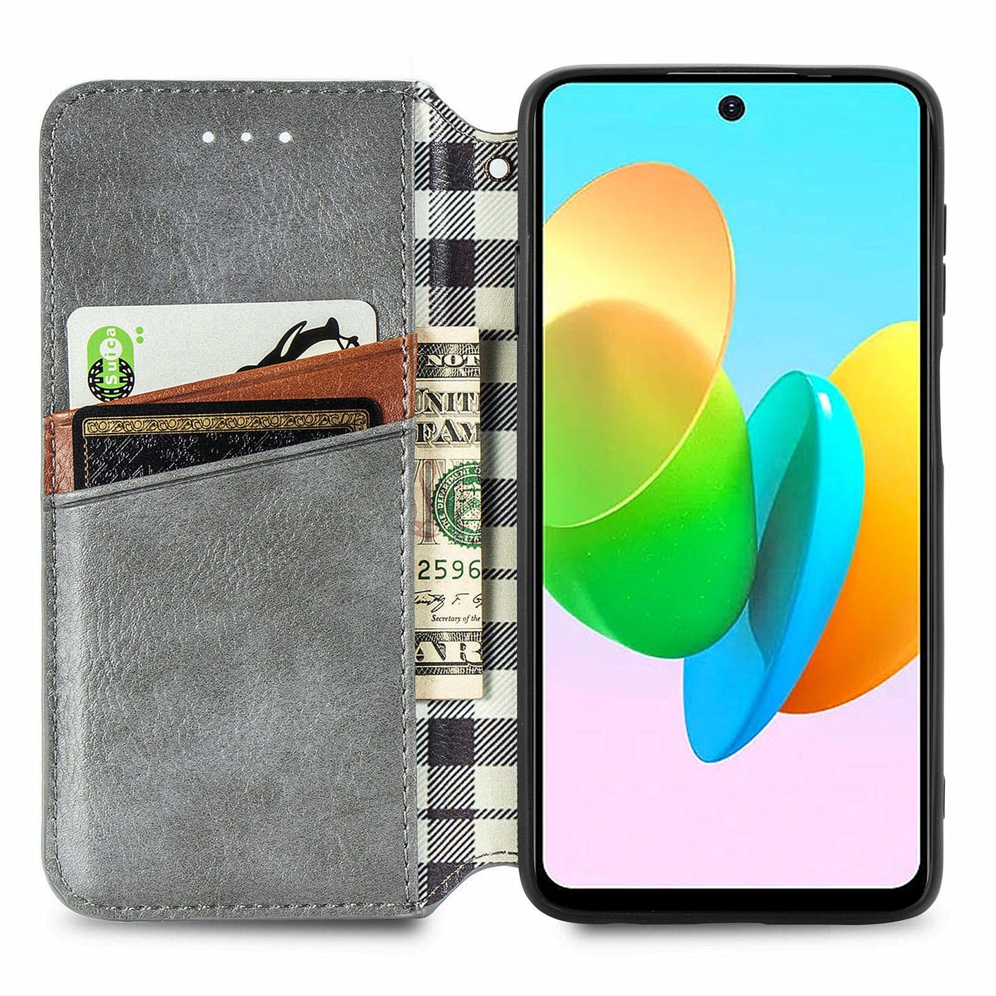 For Transsion Tecno Spark 20C Leather Case Imprinted Rhombus Wallet Phone Cover - Grey