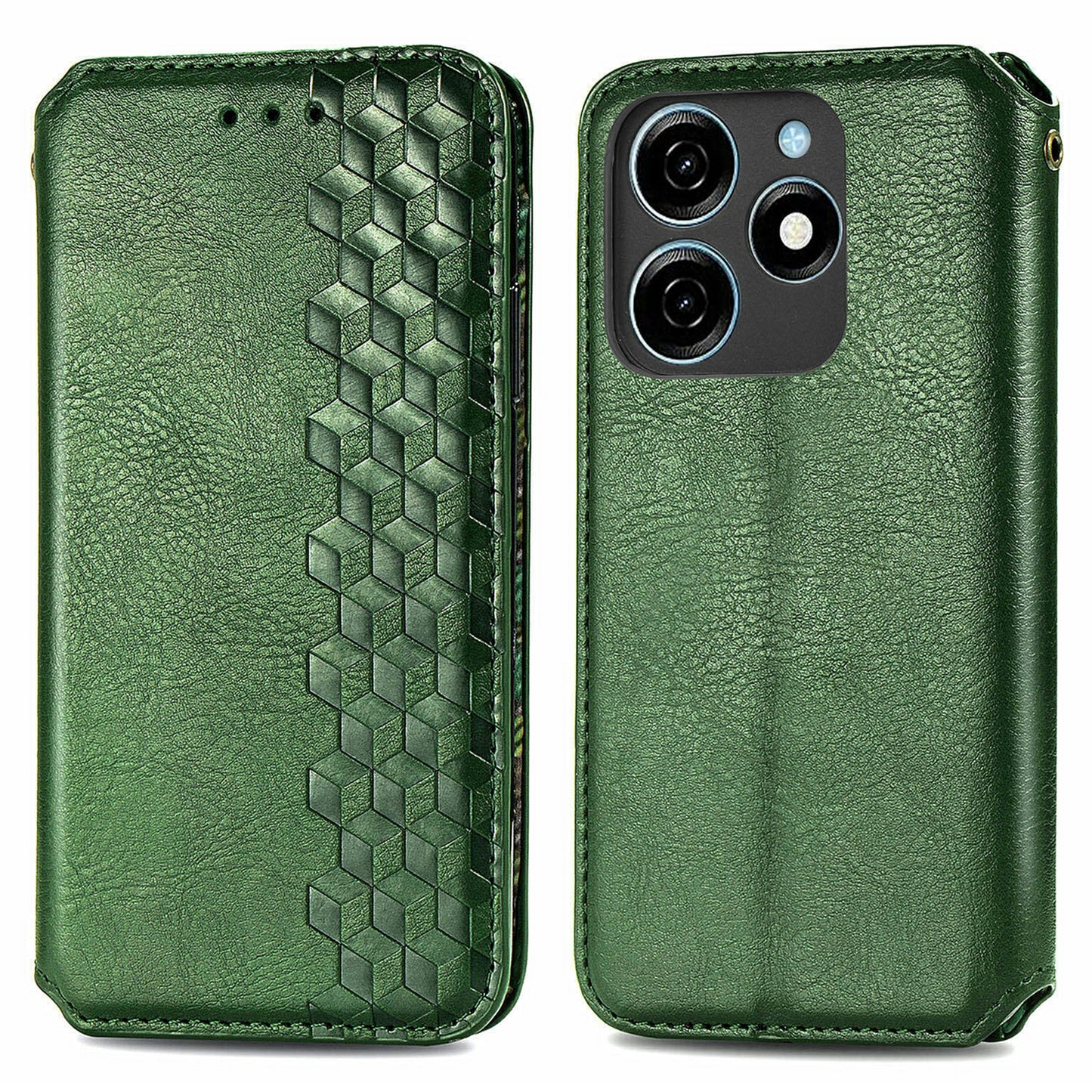 For Transsion Tecno Spark 20C Leather Case Imprinted Rhombus Wallet Phone Cover - Green