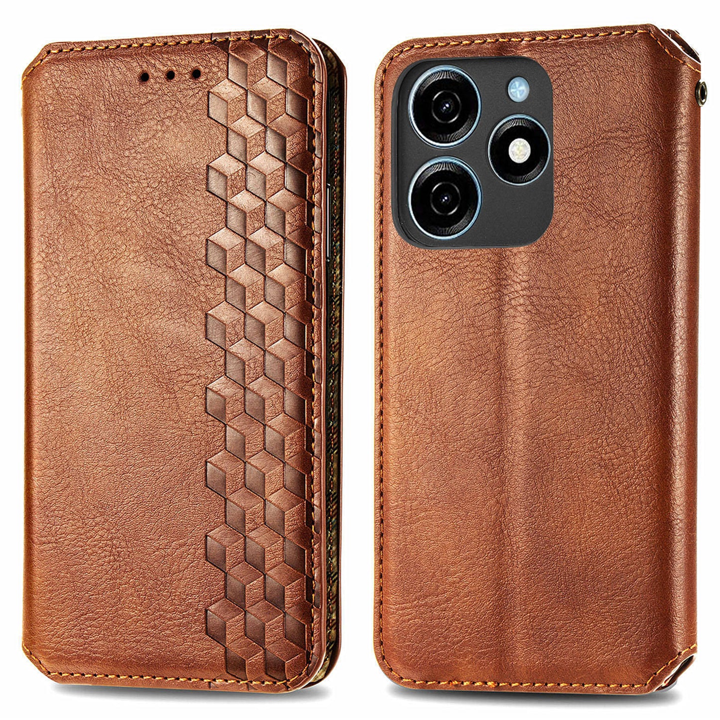 For Transsion Tecno Spark 20C Leather Case Imprinted Rhombus Wallet Phone Cover - Brown