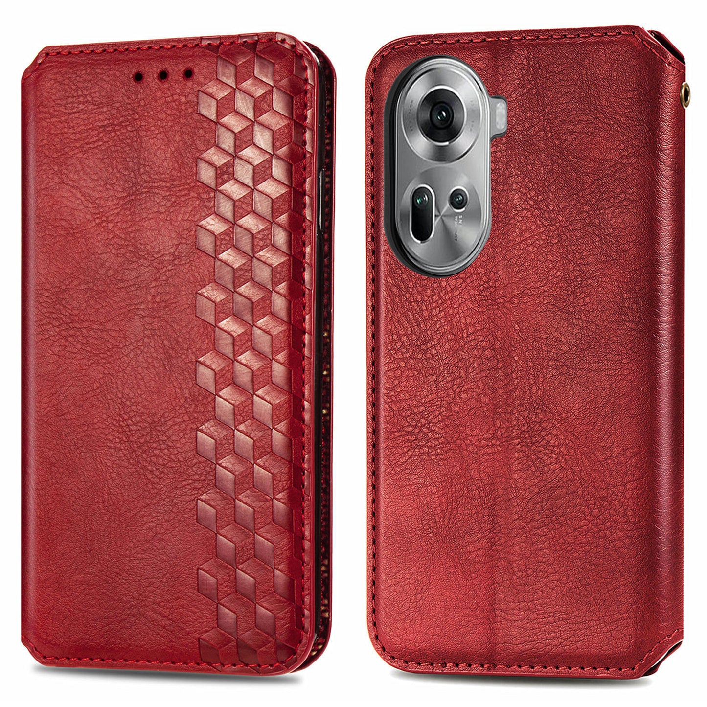 For Oppo Reno11 5G (Global) Case Magnetic Auto Closing Rhombus Wallet Leather Phone Cover - Red