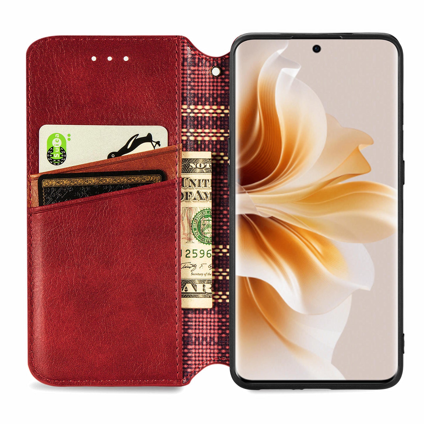 For Oppo Reno11 5G (Global) Case Magnetic Auto Closing Rhombus Wallet Leather Phone Cover - Red