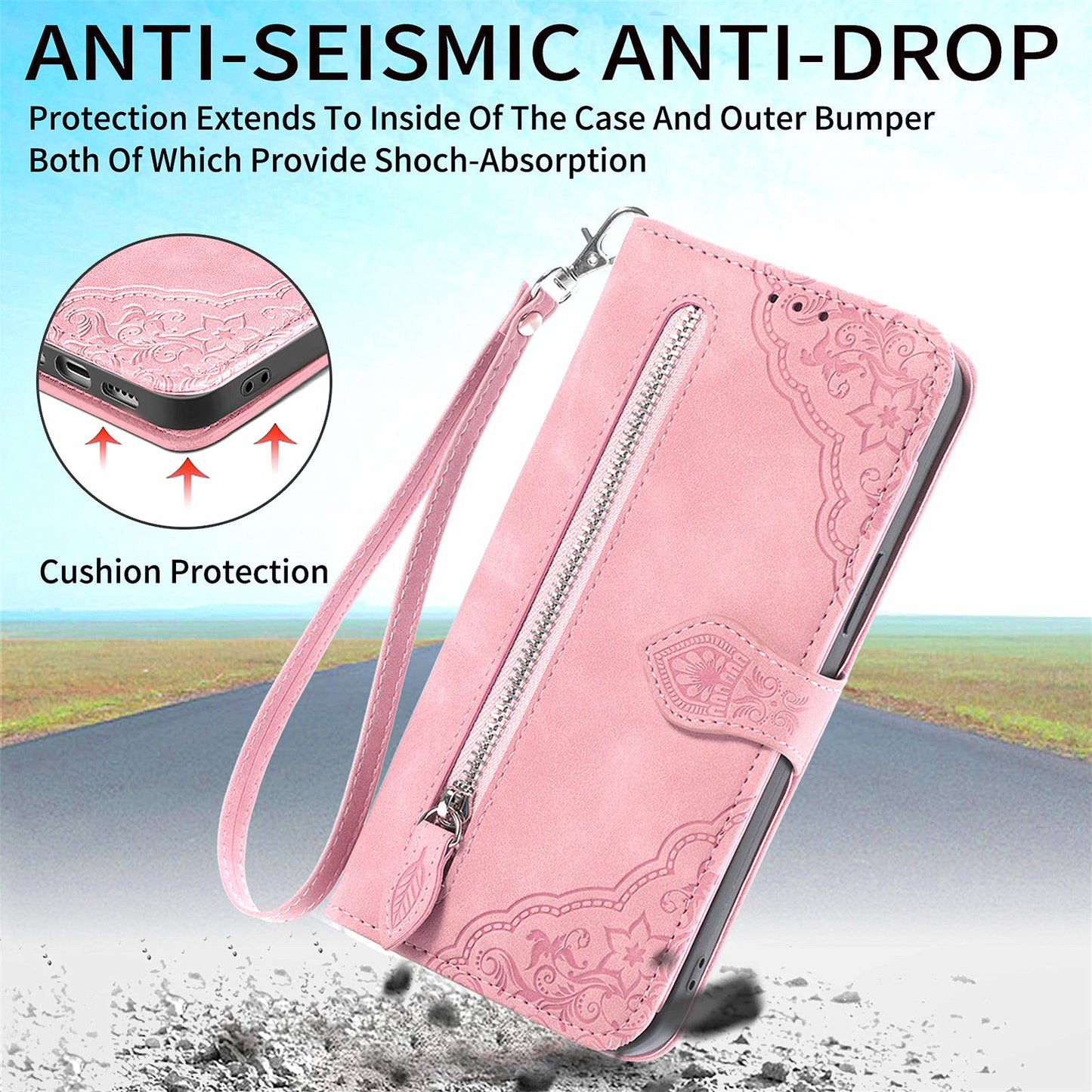 For Google Pixel 9 Anti-fall Leather Case Zipper Wallet Stand Flip Phone Cover - Pink
