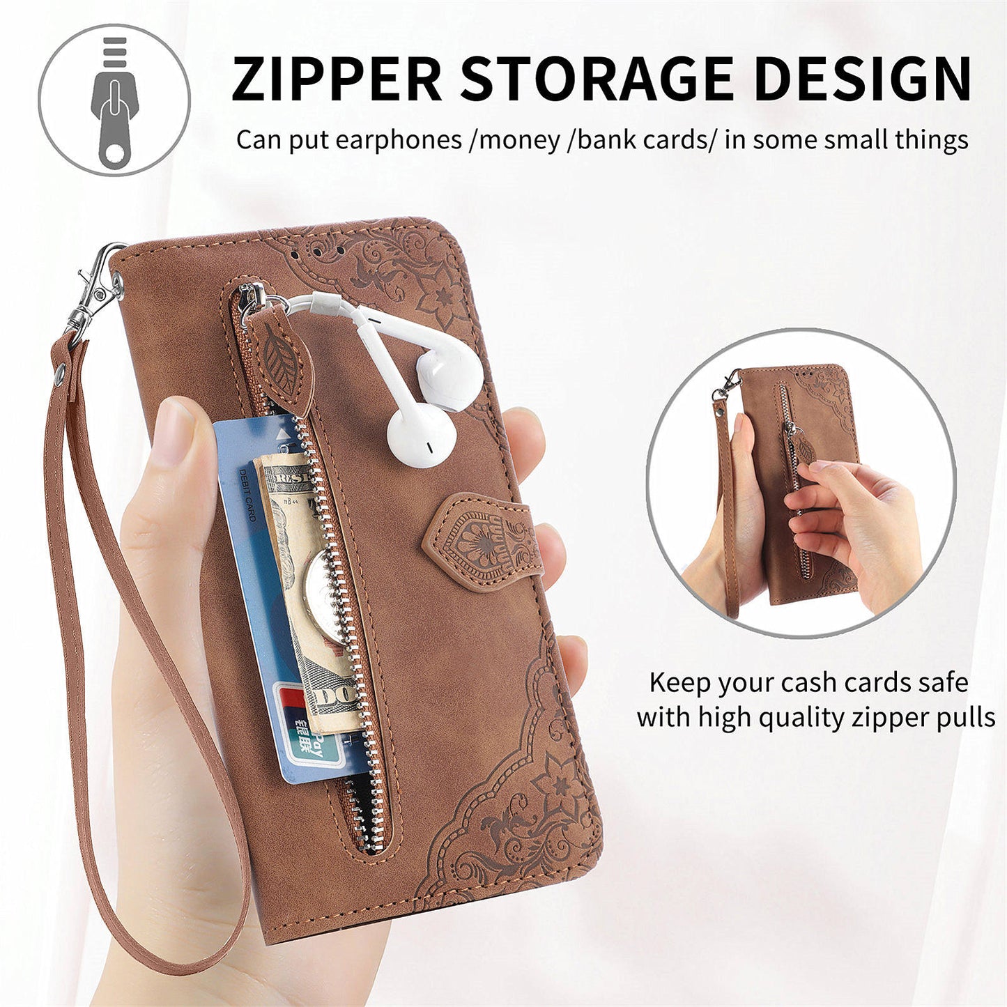 For Google Pixel 9 Anti-fall Leather Case Zipper Wallet Stand Flip Phone Cover - Brown