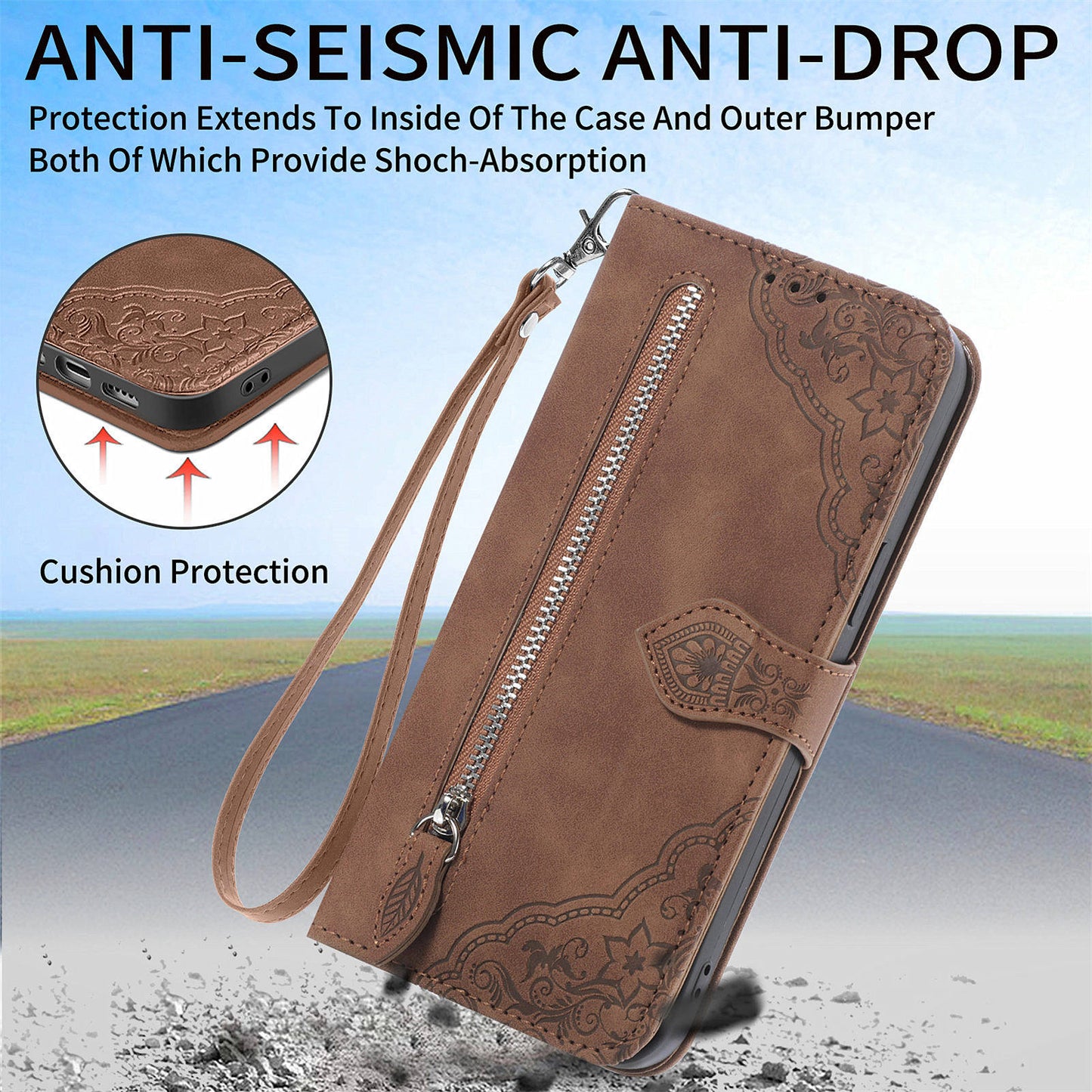 For Google Pixel 9 Anti-fall Leather Case Zipper Wallet Stand Flip Phone Cover - Brown