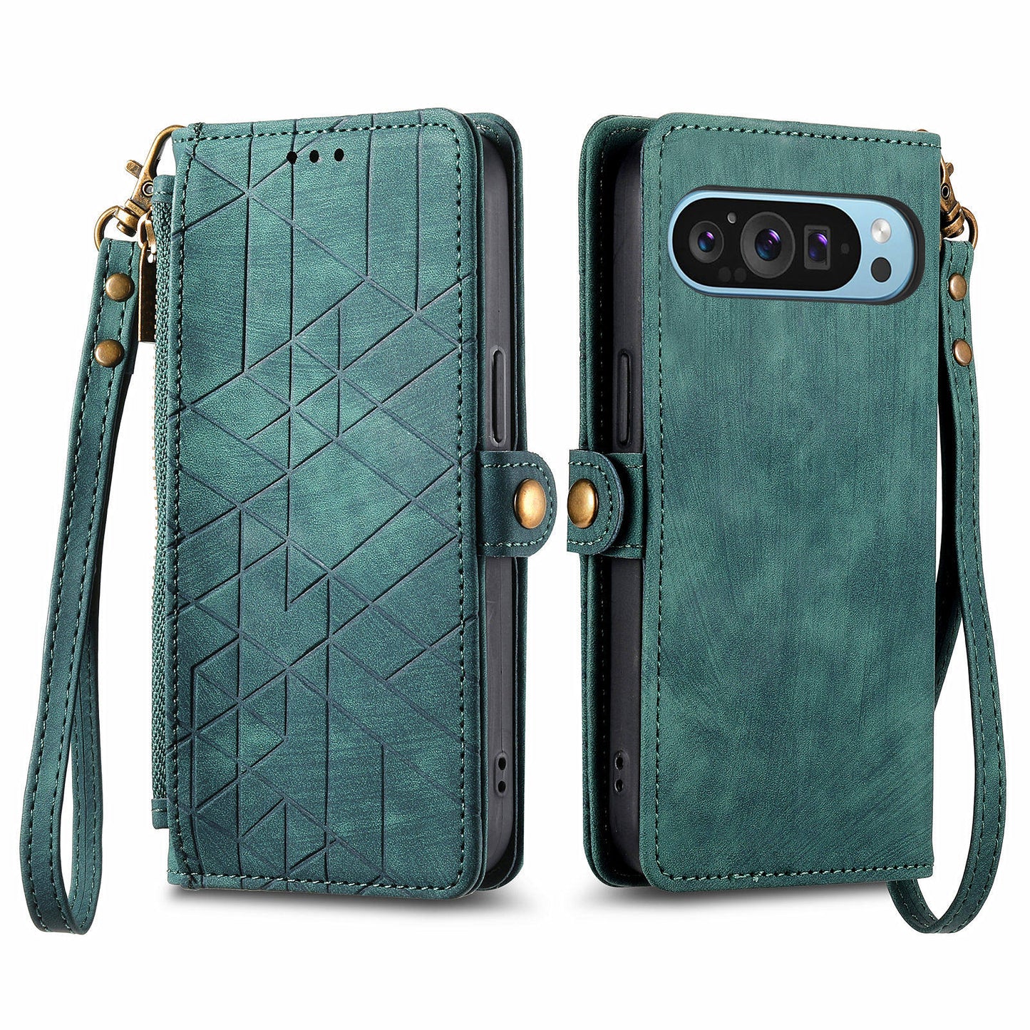 Leather Case for Google Pixel 9 , Zipper Pocket Wallet Geometry Flip Phone Cover - Green