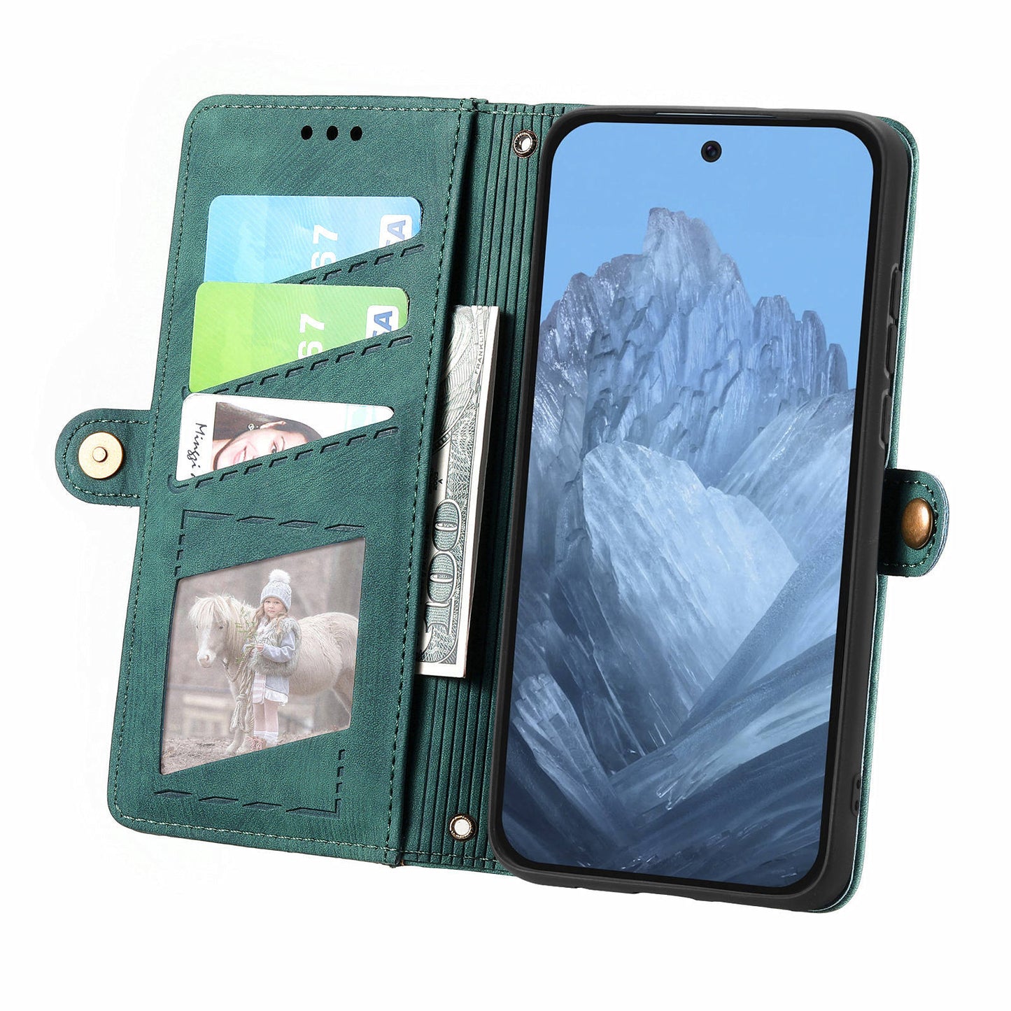 Leather Case for Google Pixel 9 , Zipper Pocket Wallet Geometry Flip Phone Cover - Green
