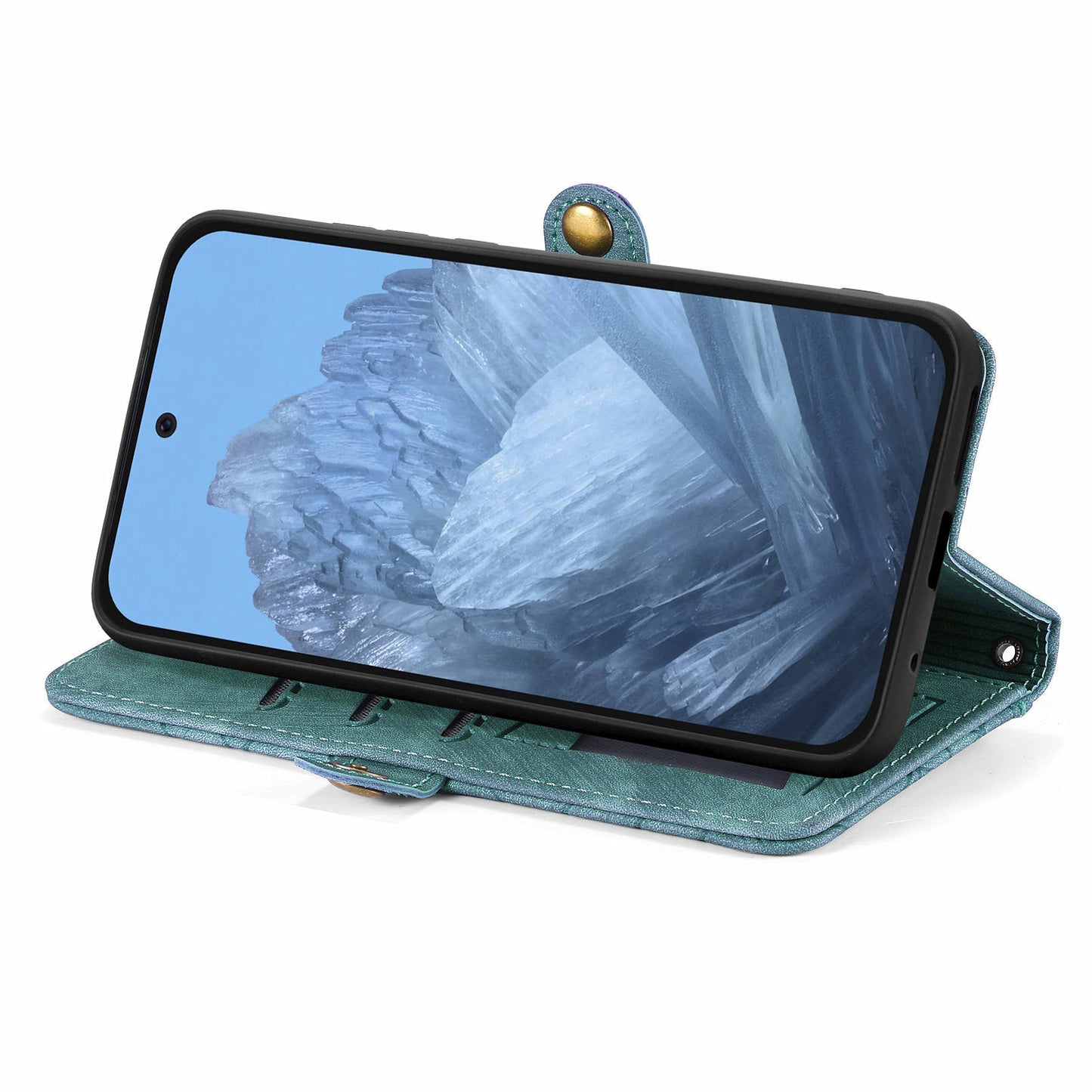 Leather Case for Google Pixel 9 , Zipper Pocket Wallet Geometry Flip Phone Cover - Green