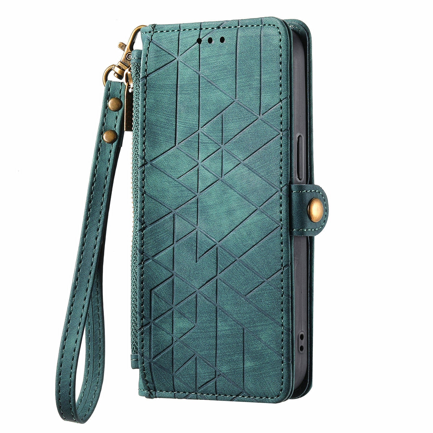Leather Case for Google Pixel 9 , Zipper Pocket Wallet Geometry Flip Phone Cover - Green