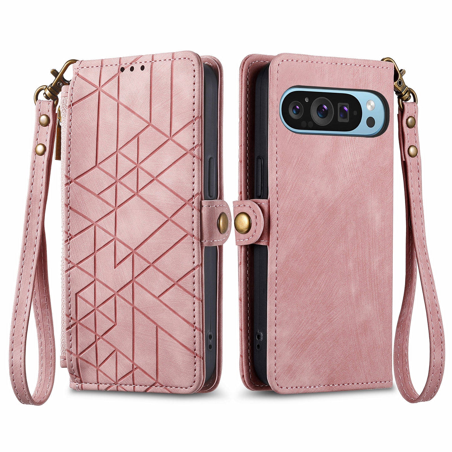 Leather Case for Google Pixel 9 , Zipper Pocket Wallet Geometry Flip Phone Cover - Pink