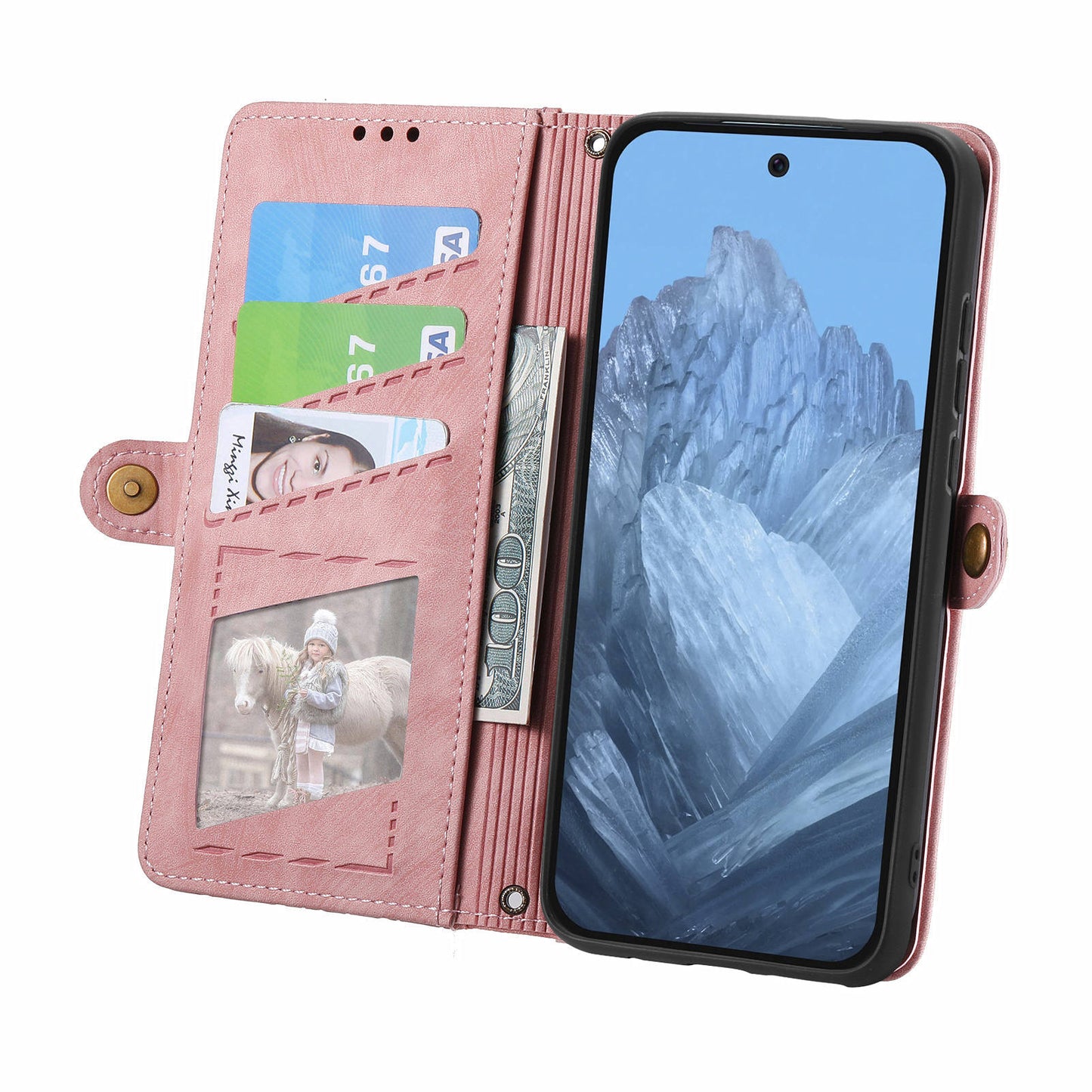Leather Case for Google Pixel 9 , Zipper Pocket Wallet Geometry Flip Phone Cover - Pink