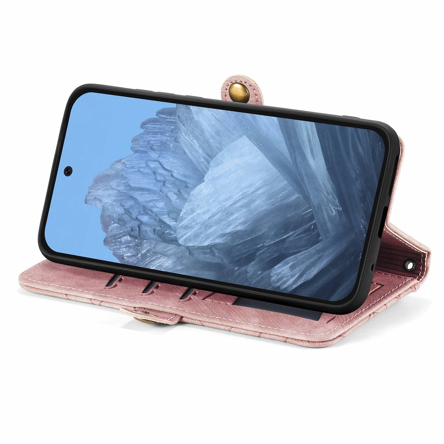 Leather Case for Google Pixel 9 , Zipper Pocket Wallet Geometry Flip Phone Cover - Pink