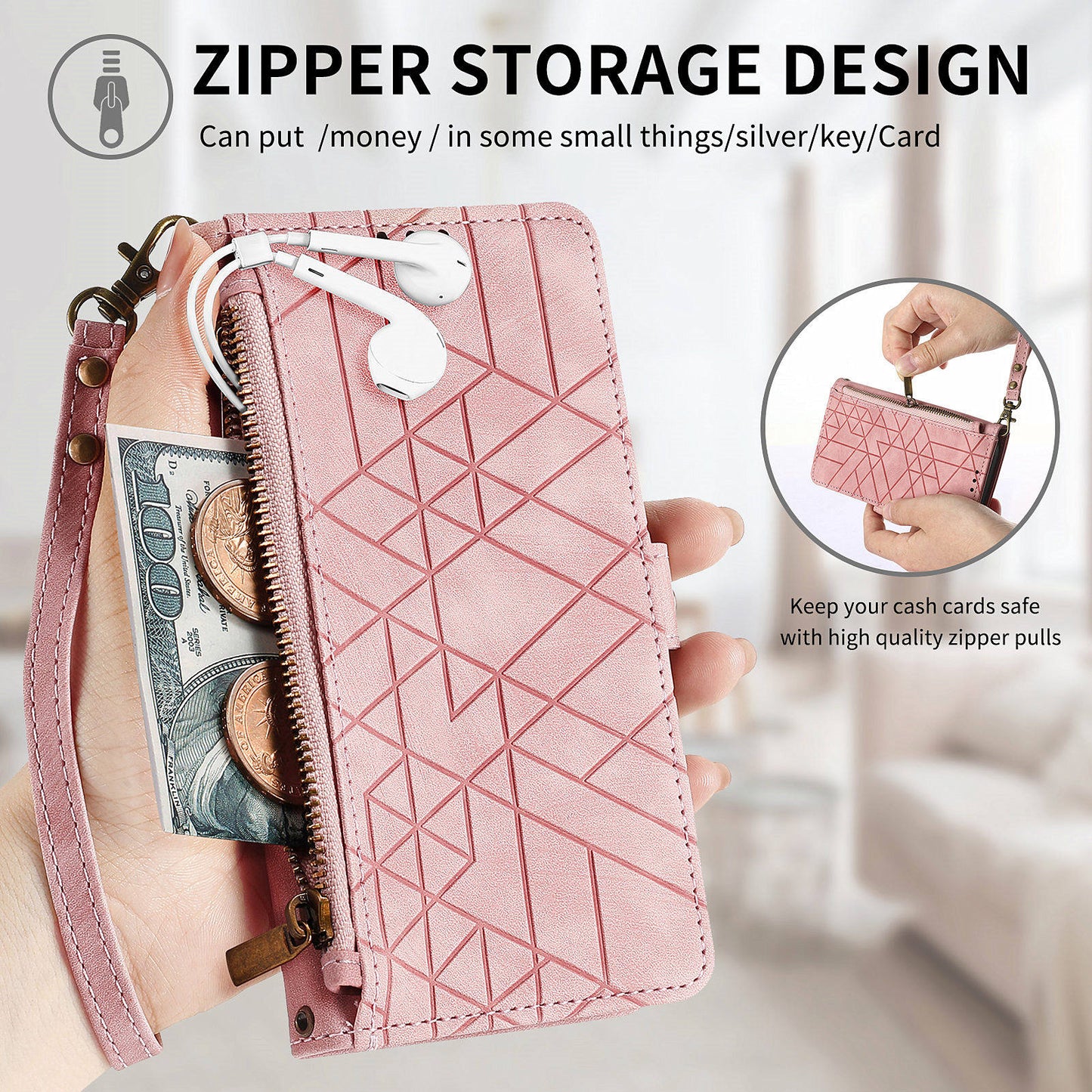 Leather Case for Google Pixel 9 , Zipper Pocket Wallet Geometry Flip Phone Cover - Pink