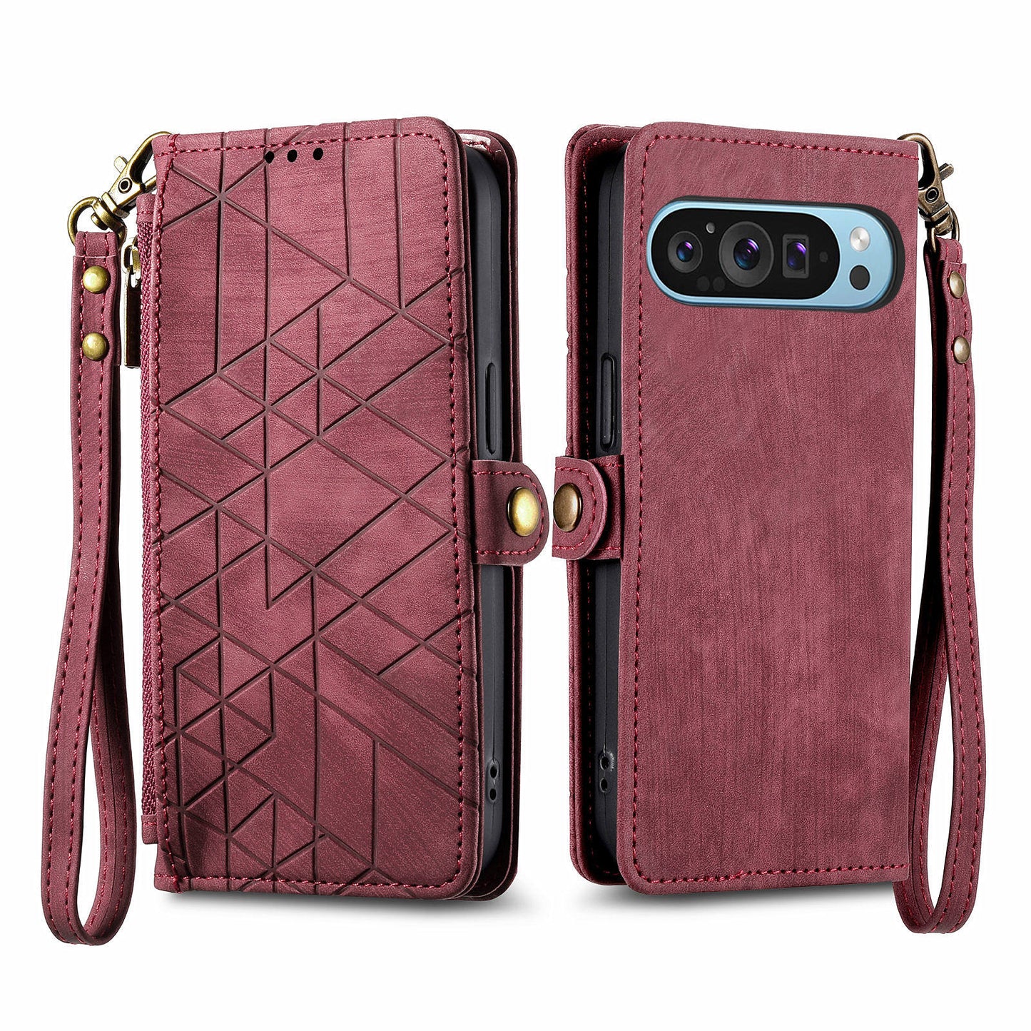 Leather Case for Google Pixel 9 , Zipper Pocket Wallet Geometry Flip Phone Cover - Red