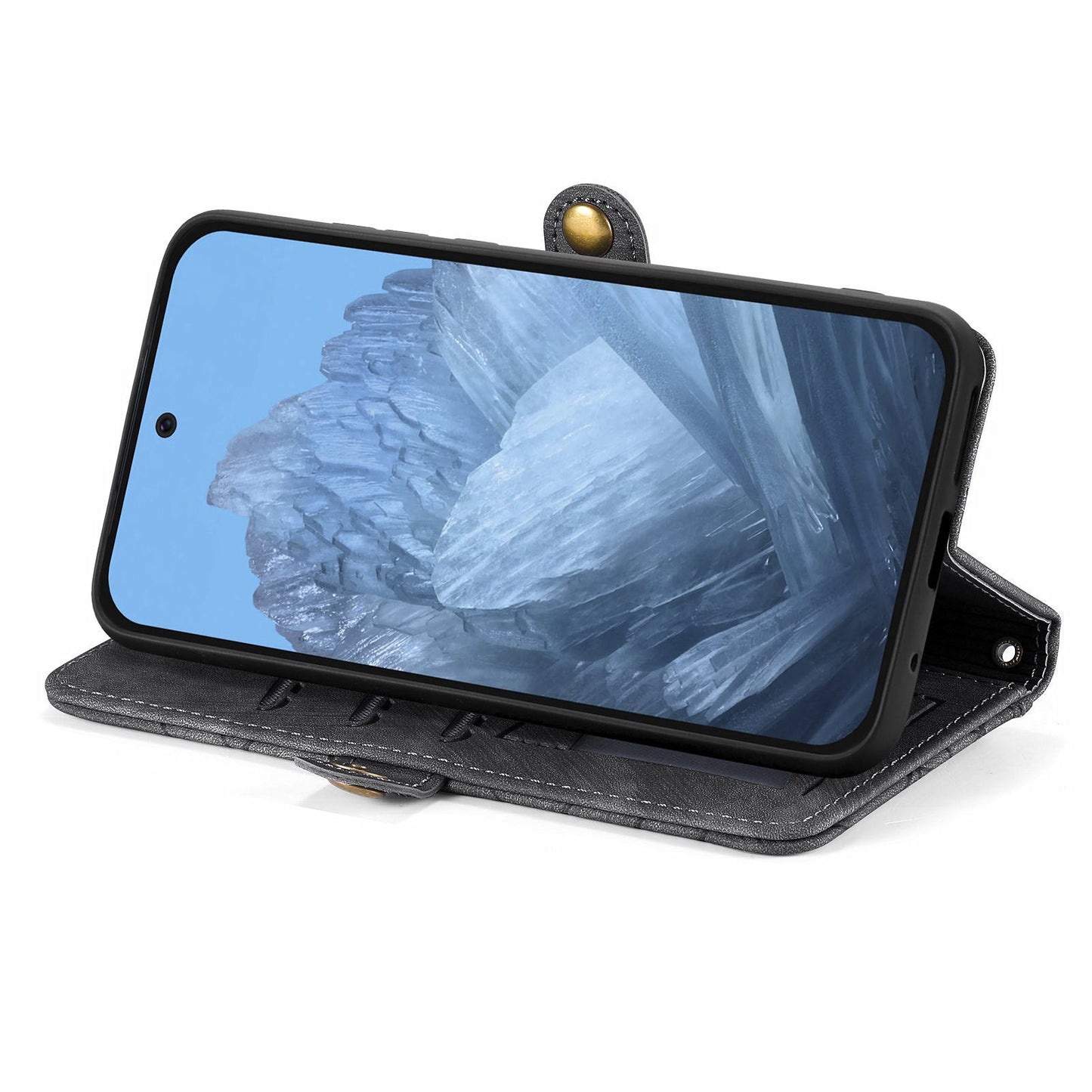 Leather Case for Google Pixel 9 Pro Zipper Pocket Geometry Mobile Phone Wallet Cover - Black