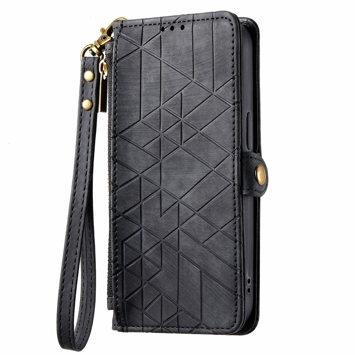Leather Case for Google Pixel 9 Pro Zipper Pocket Geometry Mobile Phone Wallet Cover - Black