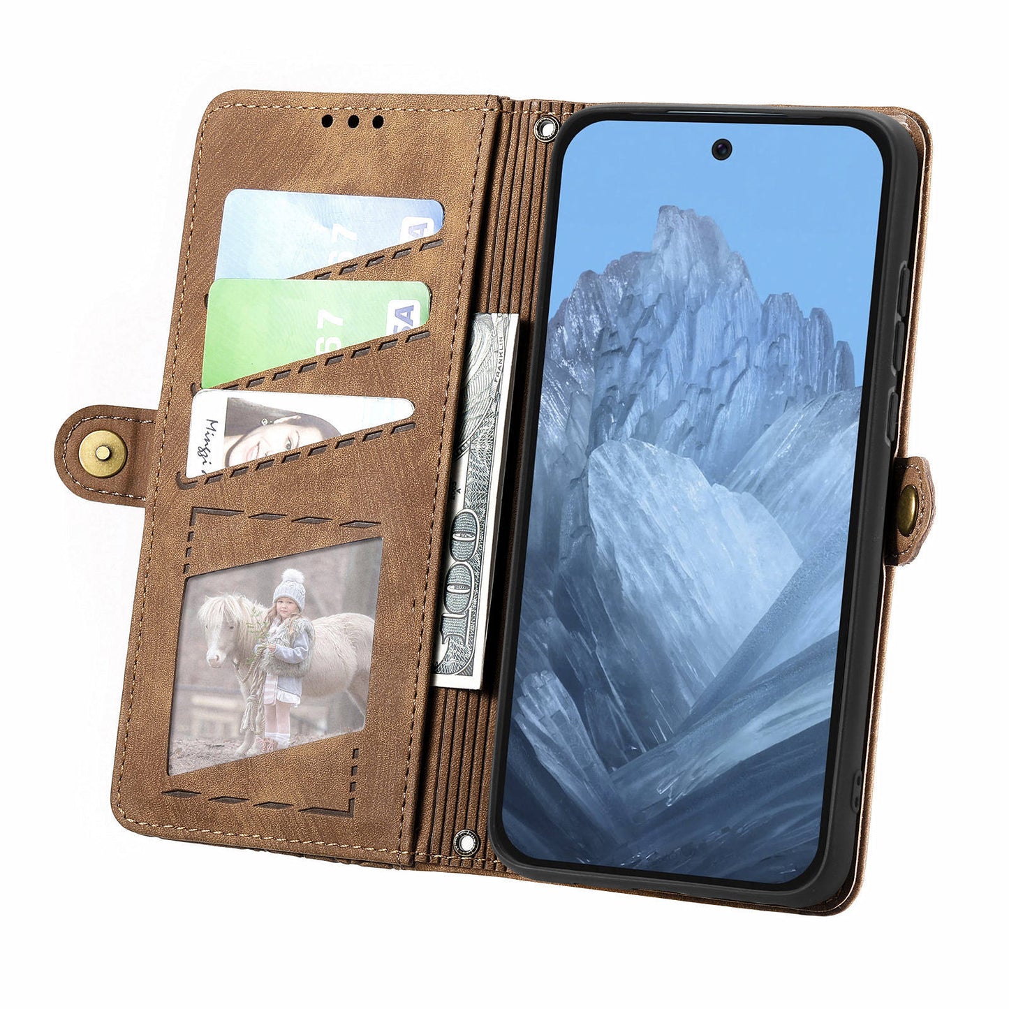 Leather Case for Google Pixel 9 Pro Zipper Pocket Geometry Mobile Phone Wallet Cover - Brown