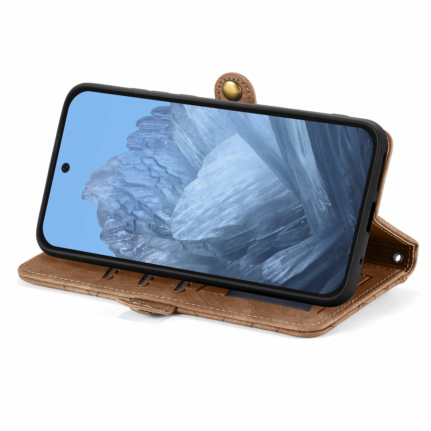 Leather Case for Google Pixel 9 Pro Zipper Pocket Geometry Mobile Phone Wallet Cover - Brown