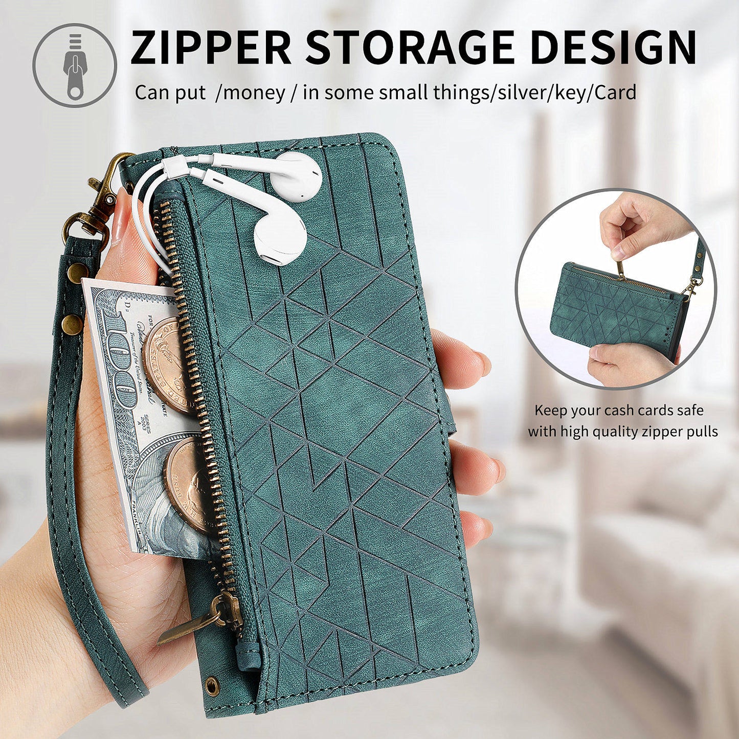 Leather Case for Google Pixel 9 Pro Zipper Pocket Geometry Mobile Phone Wallet Cover - Green