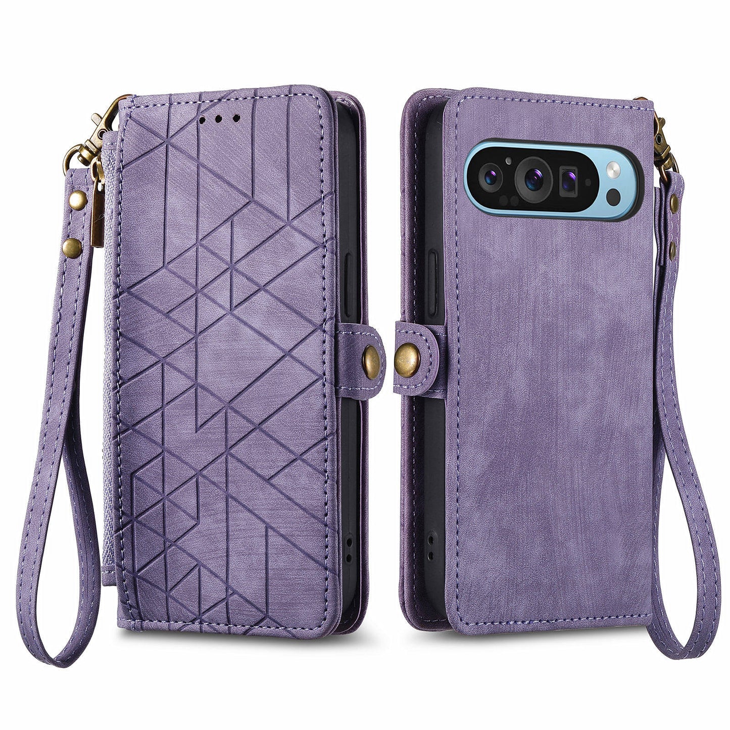Leather Case for Google Pixel 9 Pro Zipper Pocket Geometry Mobile Phone Wallet Cover - Light Purple